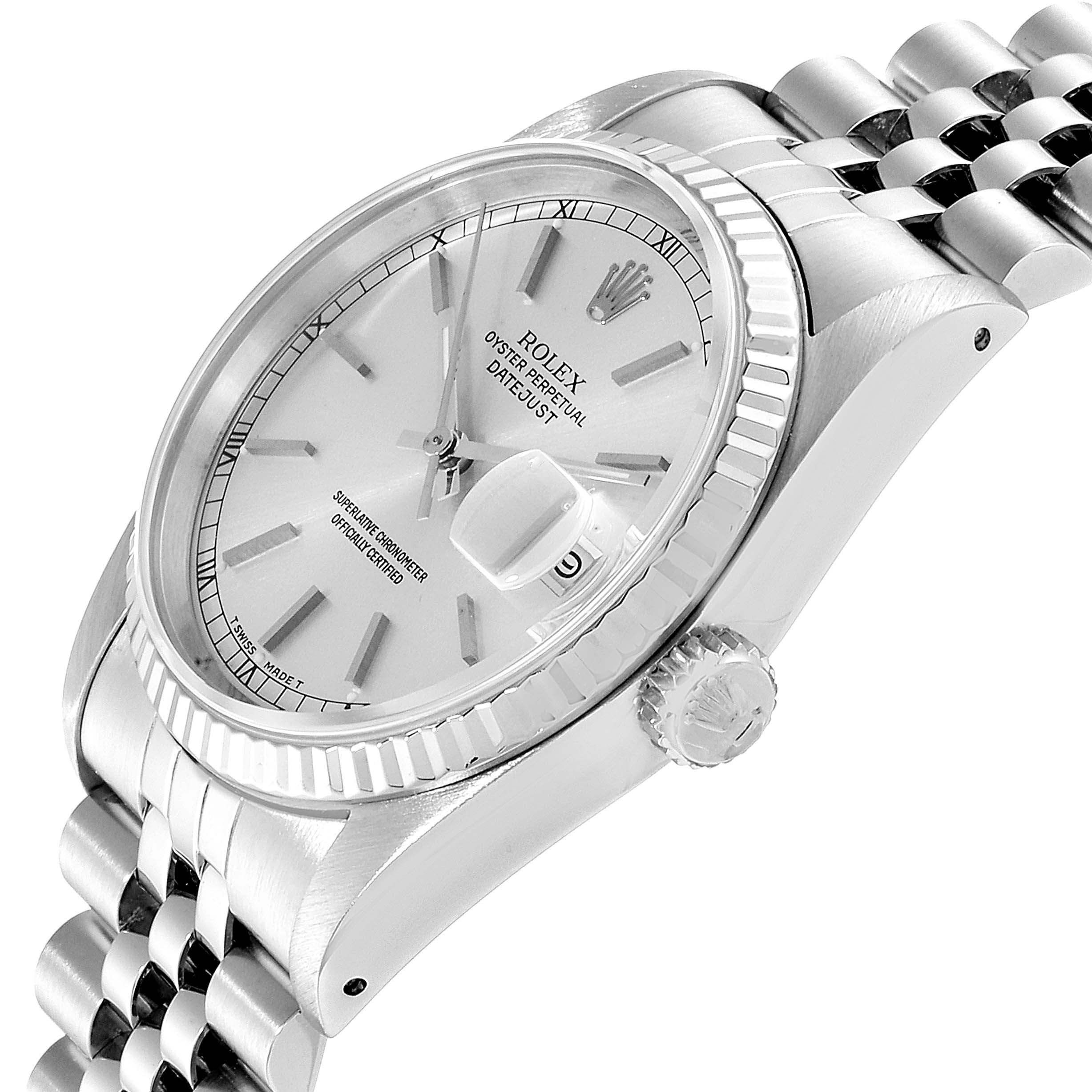 The image shows a side angle of a Rolex Datejust 16234 Men's Stainless Steel Silver Dial 16234 Men's Stainless Steel Silver Dial watch, highlighting the crown, bezel, dial, and part of the bracelet.