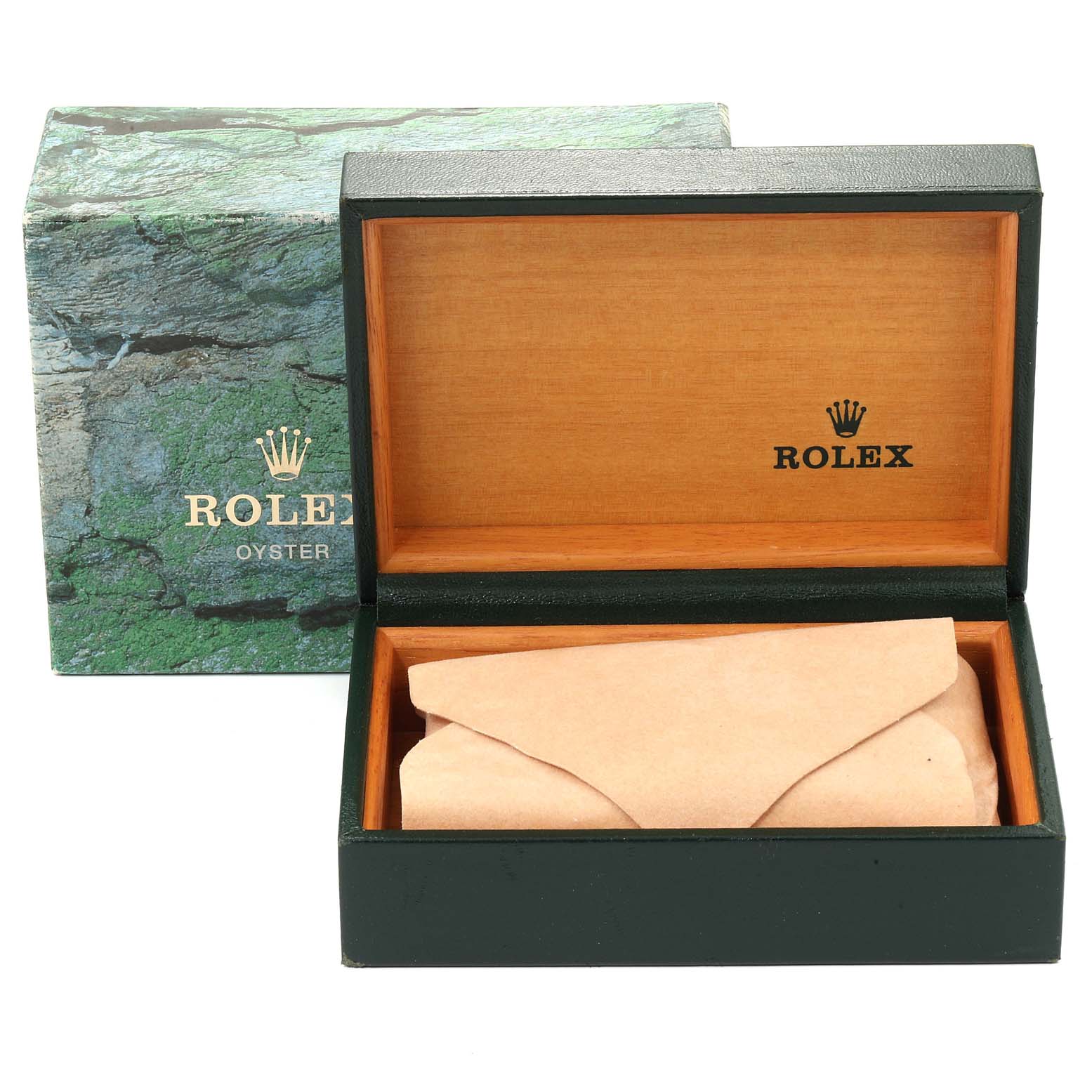 The image shows a Rolex Datejust 16234 Men's Stainless Steel Silver Dial 16234 Men's Stainless Steel Silver Dial box set with an open green and wooden box and a watch wrapped in paper.