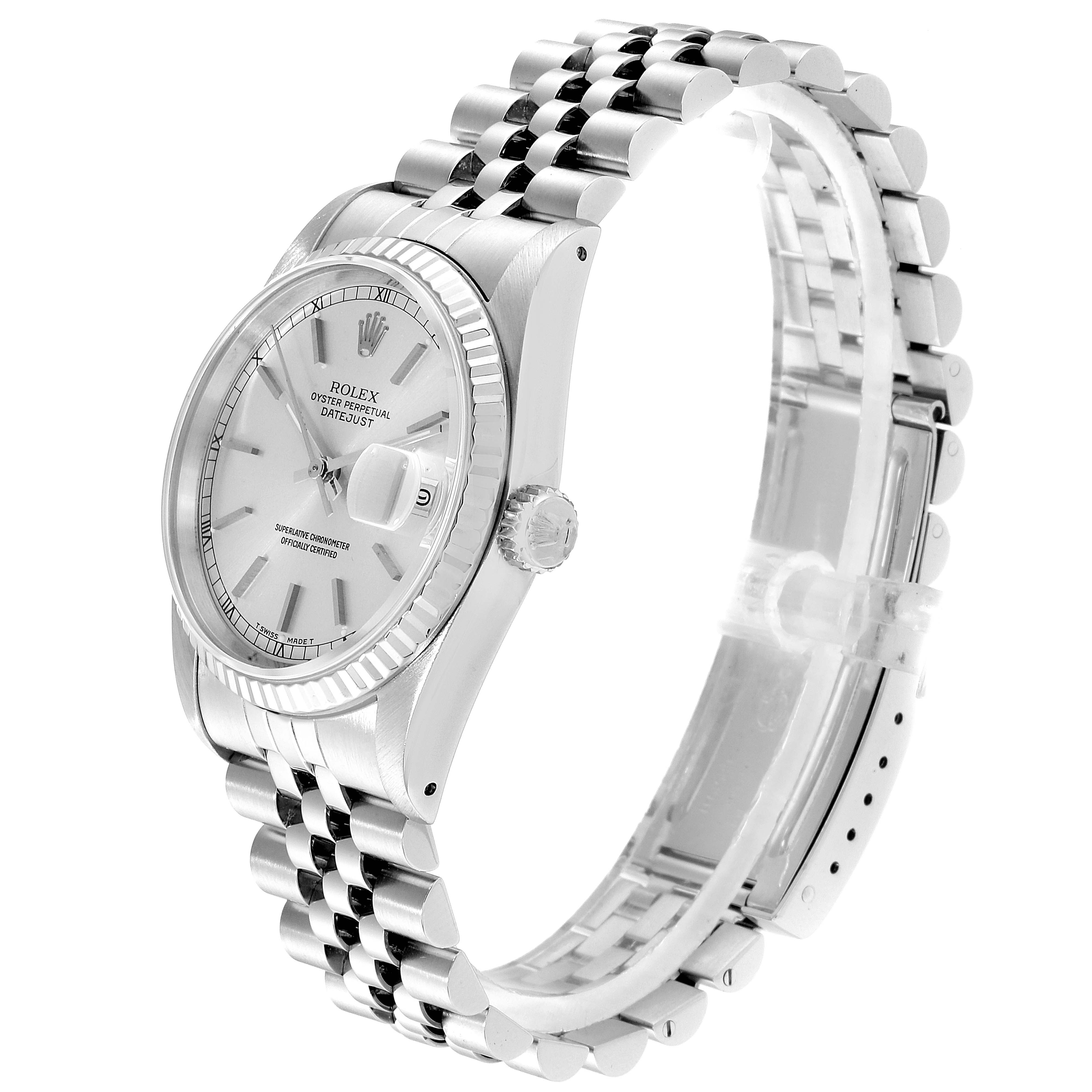 The image shows a side angle of a Rolex Datejust 16234 Men's Stainless Steel Silver Dial 16234 Men's Stainless Steel Silver Dial watch, highlighting the face, bezel, crown, and jubilee bracelet.