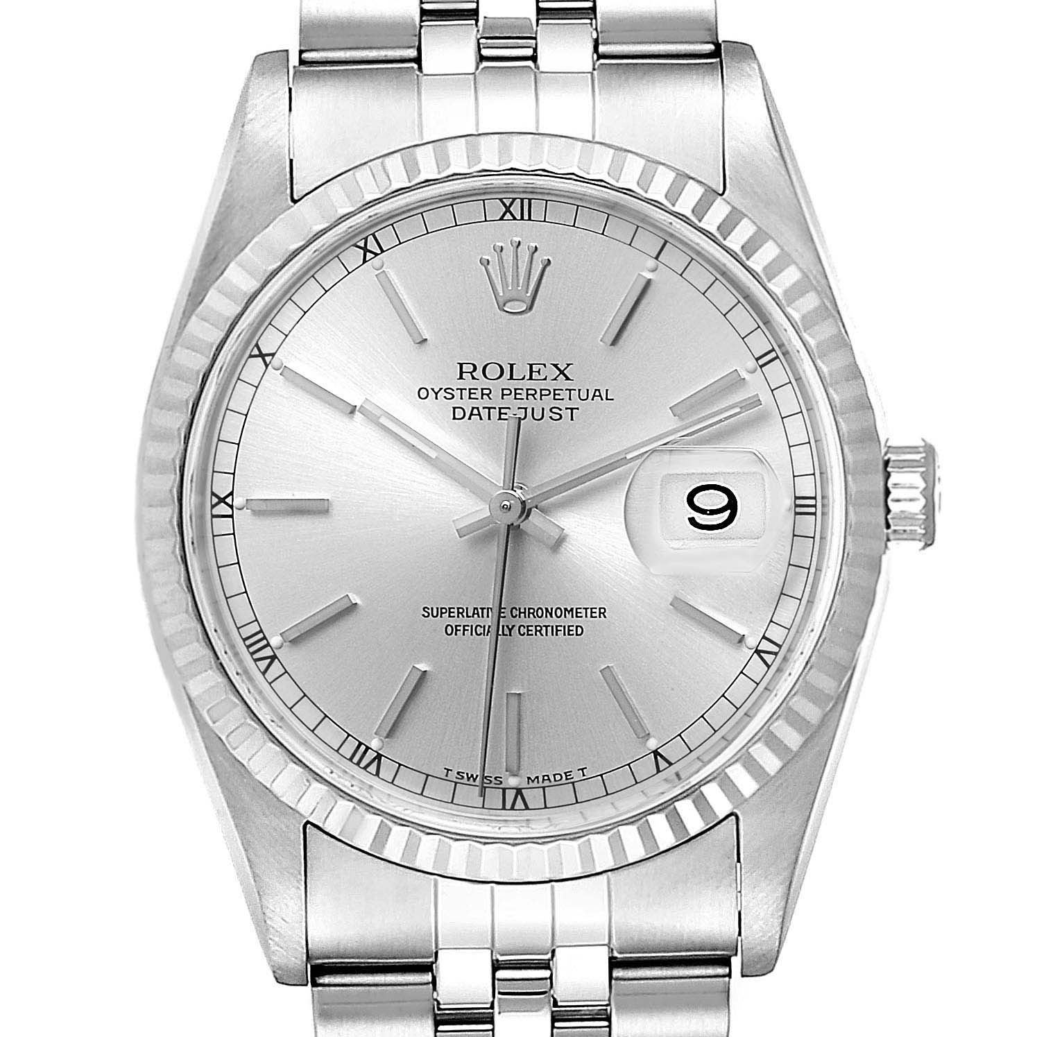This image shows a front view of a Rolex Datejust 16234 Men's Stainless Steel Silver Dial 16234 Men's Stainless Steel Silver Dial watch, highlighting the dial, hands, bezel, and bracelet.