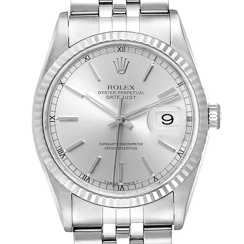 Rolex Datejust Steel White Gold Silver Baton Dial Mens Watch 16234 SwissWatchExpo