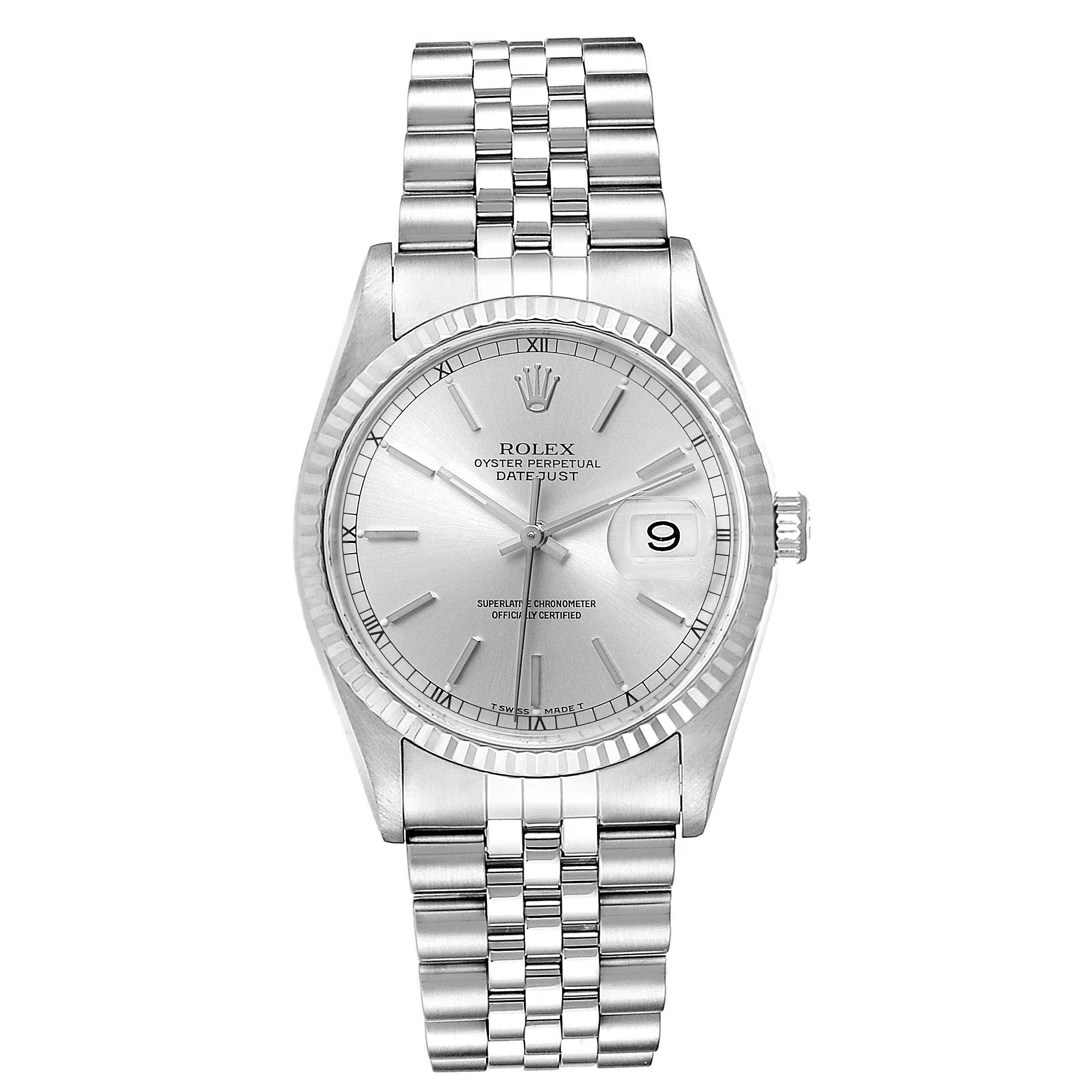 The image shows a Rolex Datejust 16234 Men's Stainless Steel Silver Dial 16234 Men's Stainless Steel Silver Dial watch from a front angle, displaying the face, bezel, bracelet, and crown.