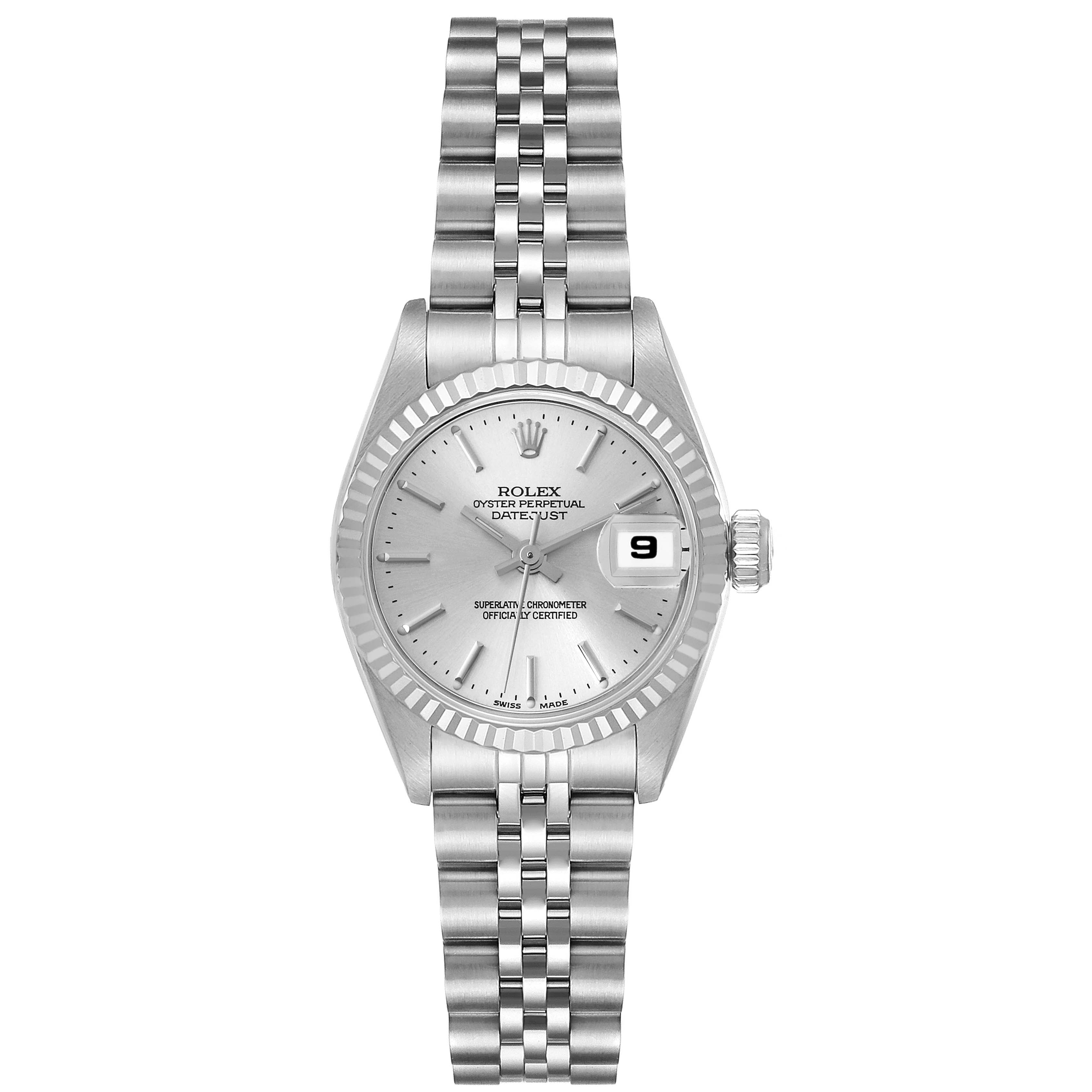 This image shows a Rolex Datejust 79174 Women's Stainless Steel Silver Dial 79174 Women's Stainless Steel Silver Dial watch from a front angle, displaying the case, dial, bracelet, and date window.