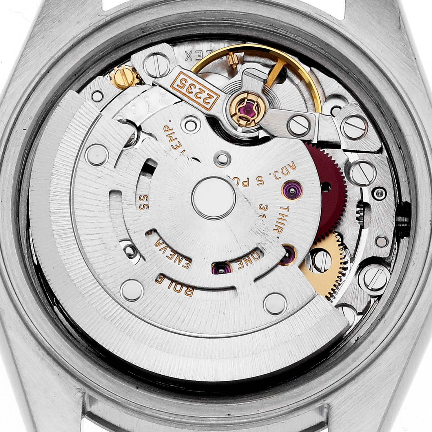 The image shows the movement mechanism of a Rolex Datejust 79174 Women's Stainless Steel Silver Dial 79174 Women's Stainless Steel Silver Dial watch from a close-up, back angle.