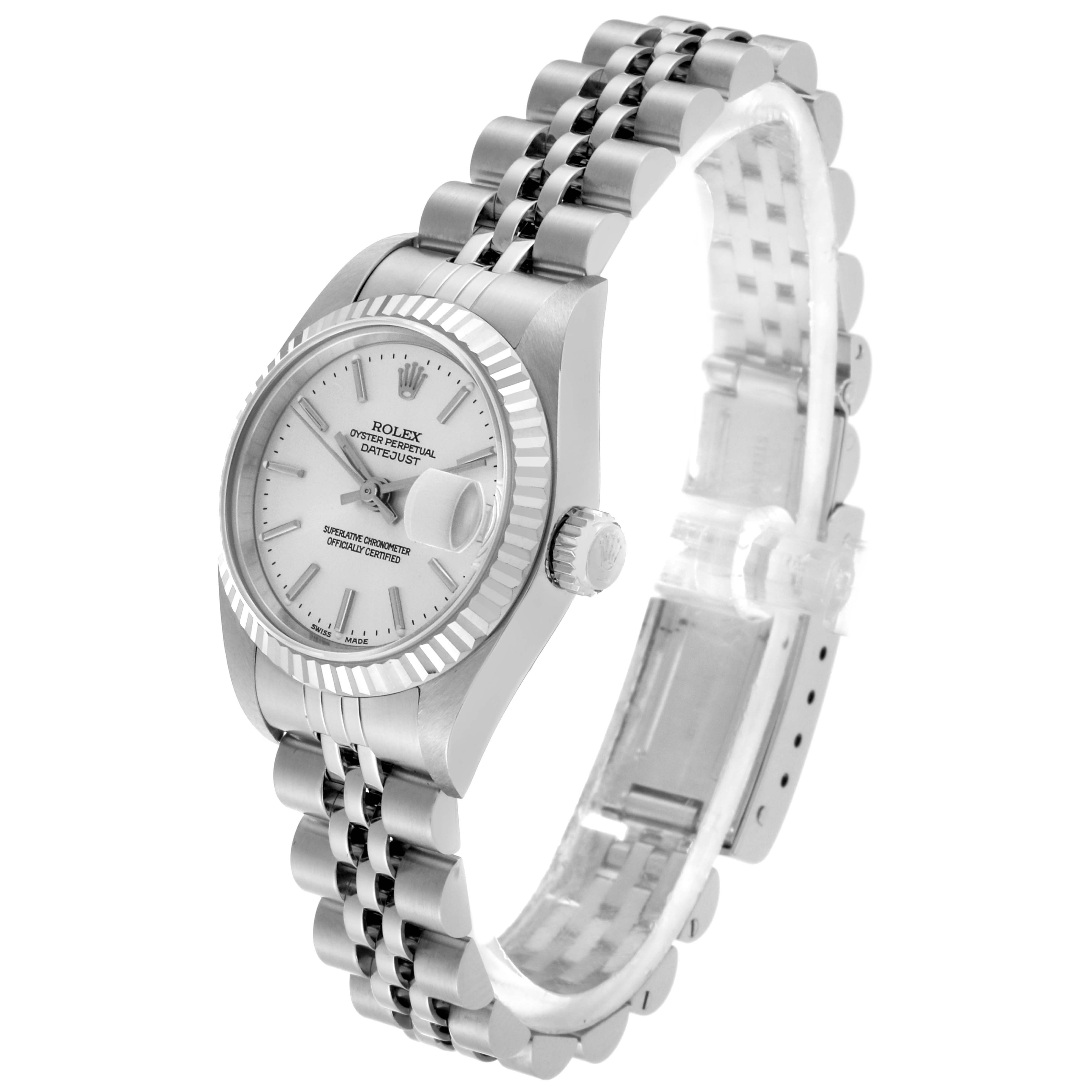 This image shows a side angle of the Rolex Datejust 79174 Women's Stainless Steel Silver Dial 79174 Women's Stainless Steel Silver Dial watch featuring its face, crown, and Jubilee bracelet.