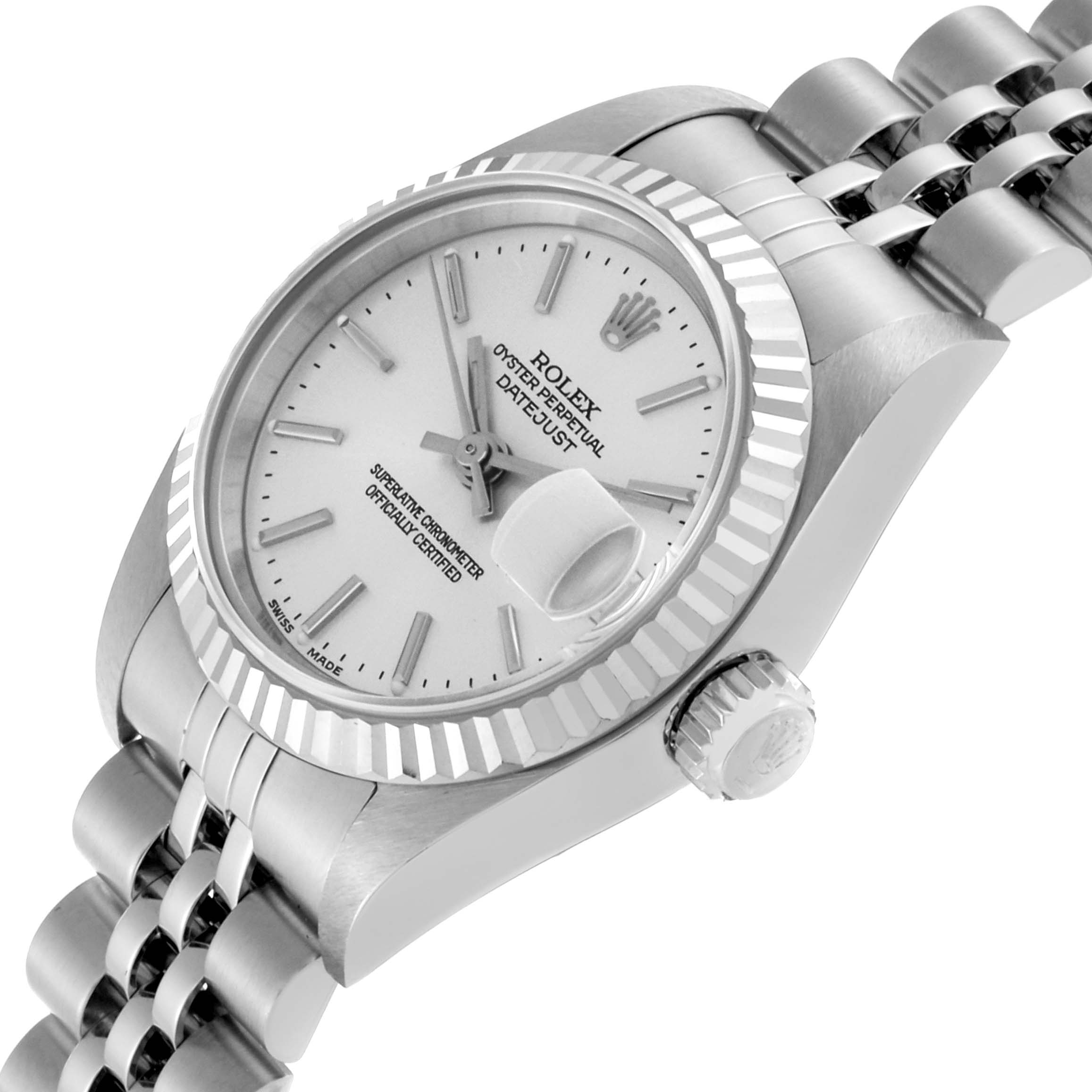 The Rolex Datejust 79174 Women's Stainless Steel Silver Dial 79174 Women's Stainless Steel Silver Dial watch is shown at a slight top-down angle, highlighting the dial, fluted bezel, crown, and bracelet.