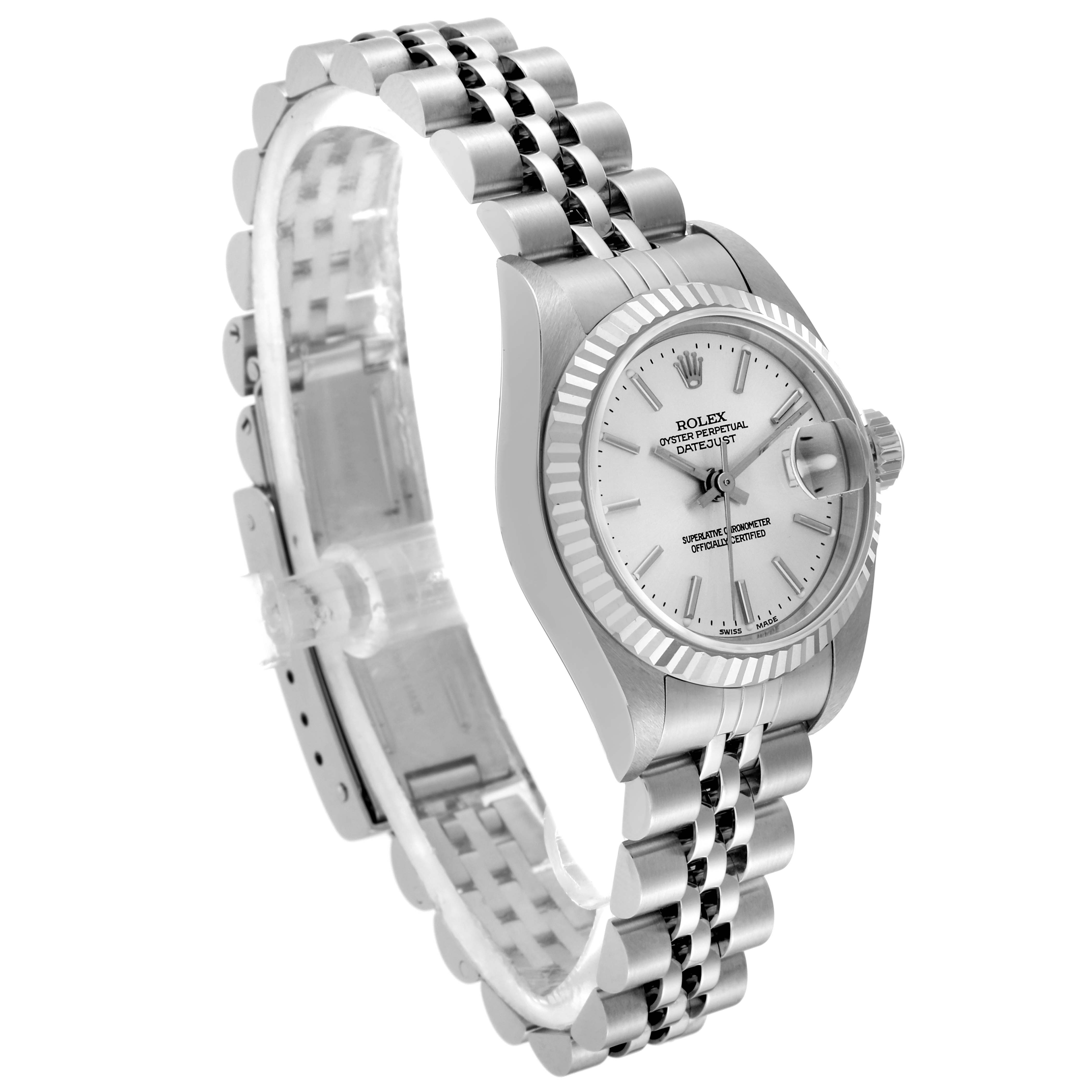 The Rolex Datejust 79174 Women's Stainless Steel Silver Dial 79174 Women's Stainless Steel Silver Dial watch is shown at an angled side view, highlighting the watch face, crown, and bracelet.