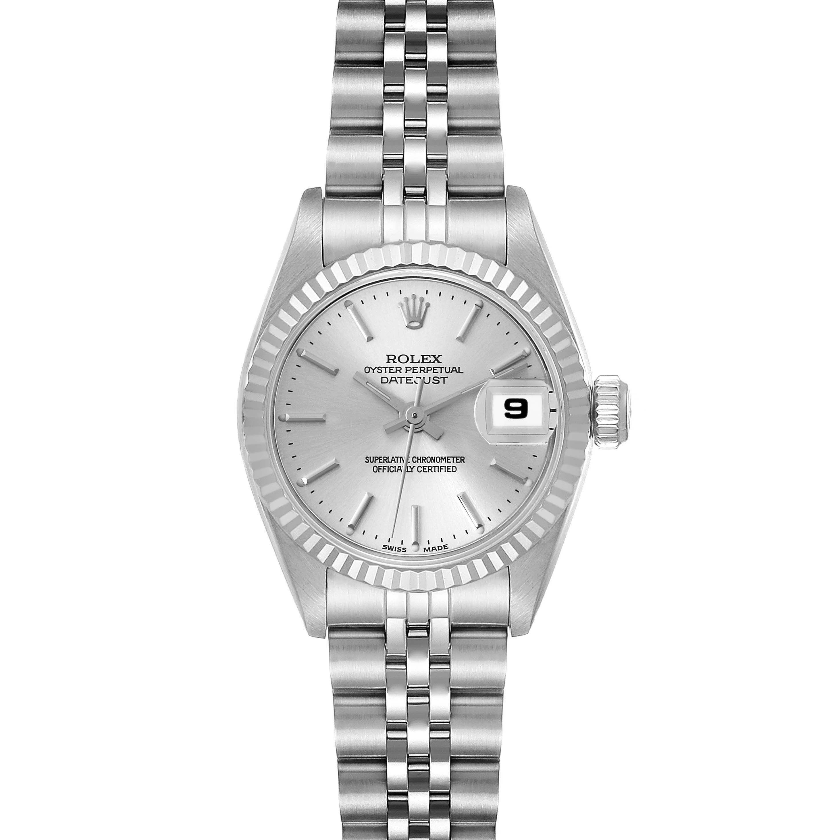 The image shows a front view of a Rolex Datejust 79174 Women's Stainless Steel Silver Dial 79174 Women's Stainless Steel Silver Dial watch, displaying its dial, bezel, bracelet, and date window.