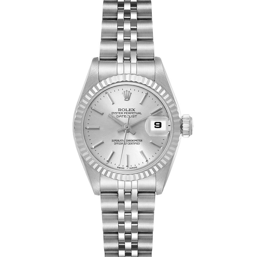 The image shows a front view of a Rolex Datejust watch, displaying its dial, bezel, bracelet, and date window.