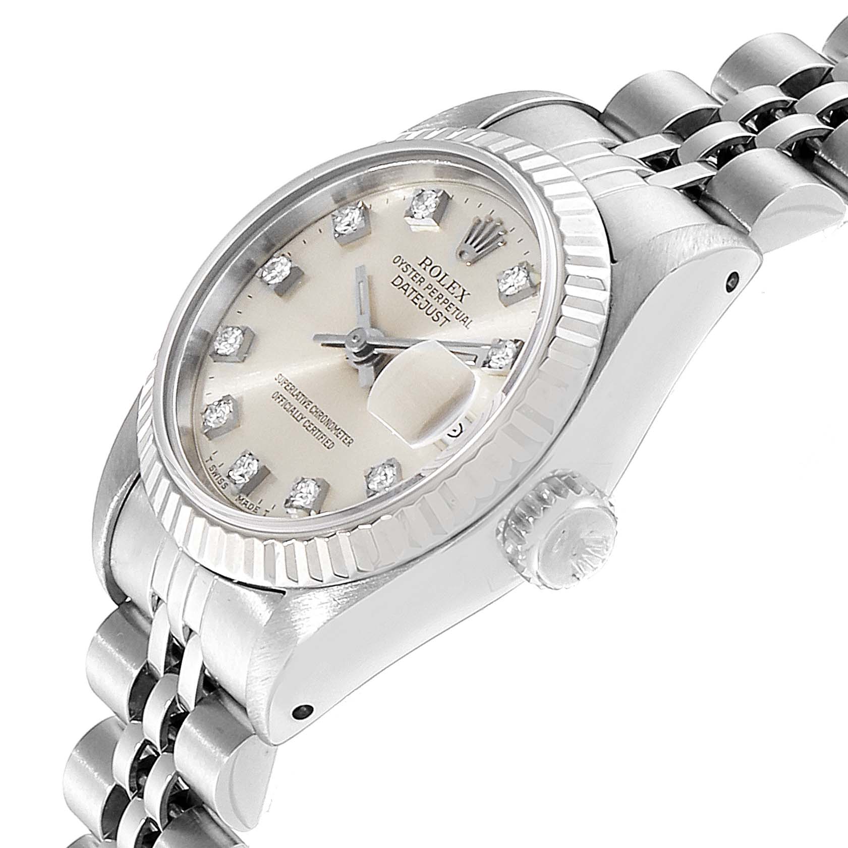 This image shows a close-up angle of a Rolex Datejust 69174 Women's Steel and Gold (two tone) Silver Dial 69174 Women's Steel and Gold (two tone) Silver Dial, displaying the dial, fluted bezel, crown, and bracelet.