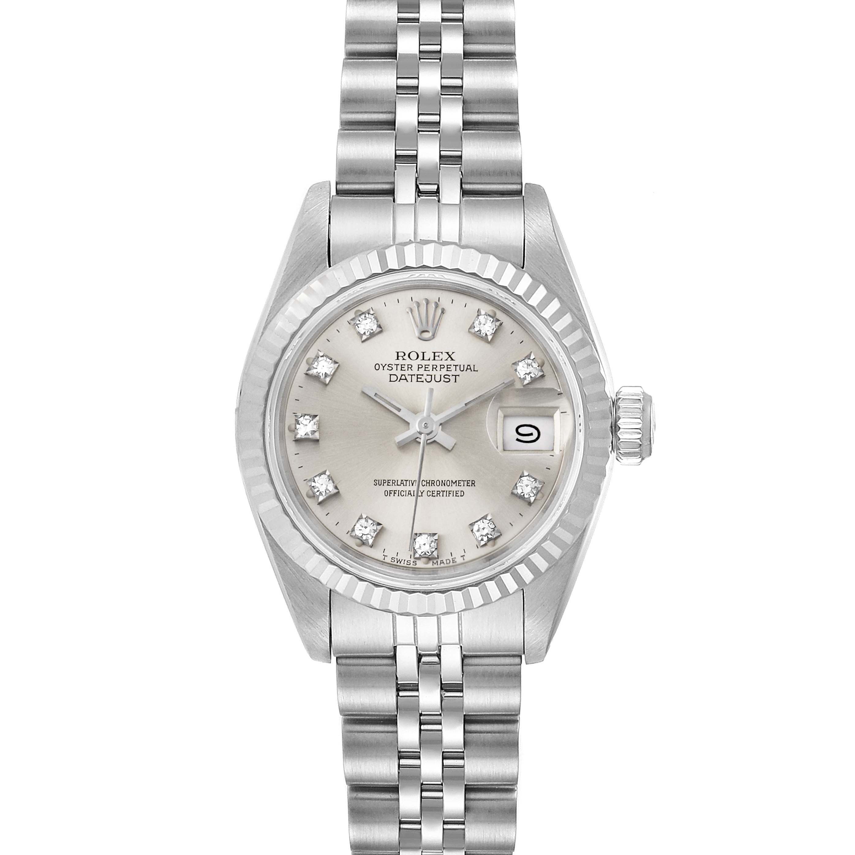 The Rolex Datejust 69174 Women's Steel and Gold (two tone) Silver Dial 69174 Women's Steel and Gold (two tone) Silver Dial watch is shown from the front, displaying the face, bezel, bracelet, and crown.