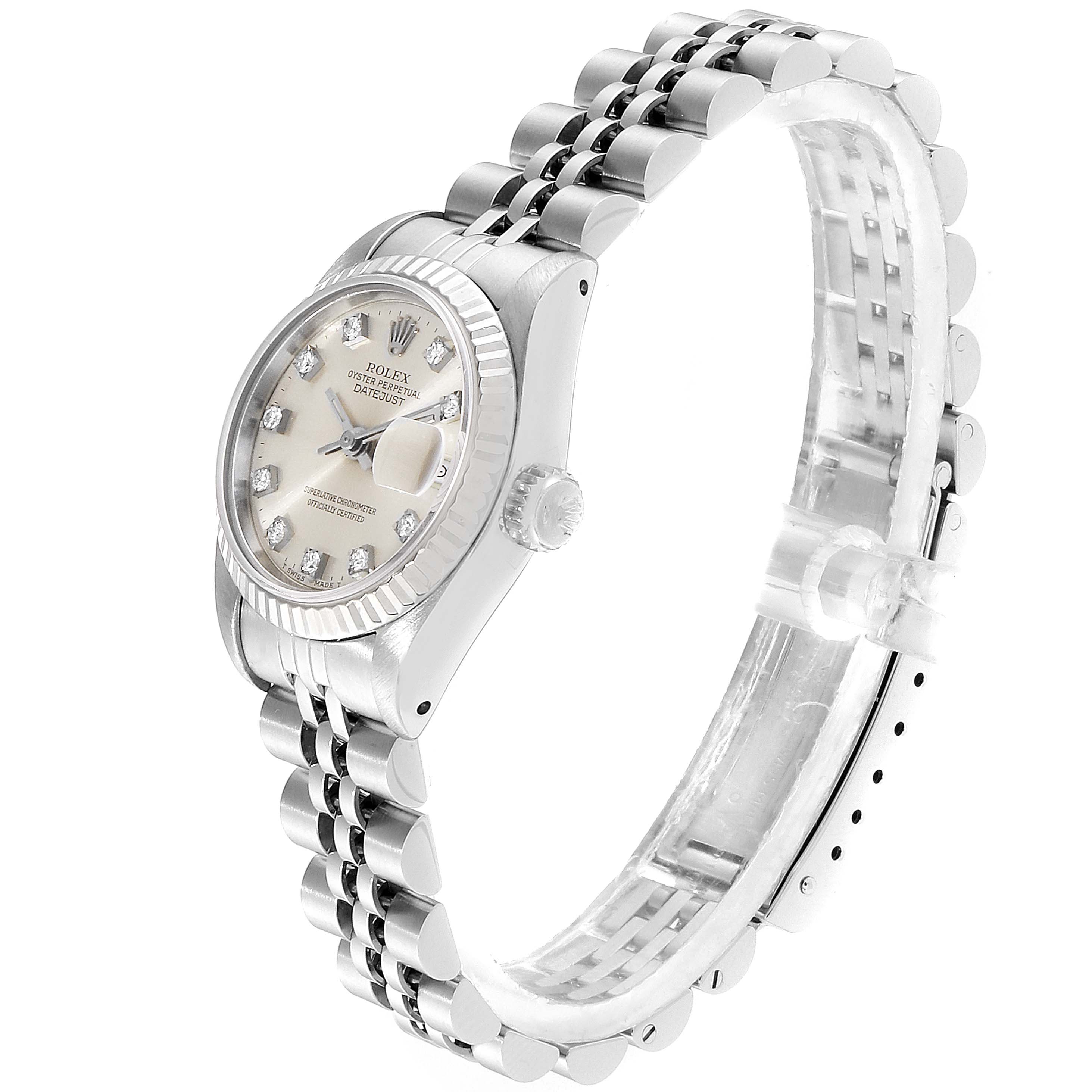 The image shows a side angle of the Rolex Datejust 69174 Women's Steel and Gold (two tone) Silver Dial 69174 Women's Steel and Gold (two tone) Silver Dial watch, displaying both the face and the bracelet clearly.