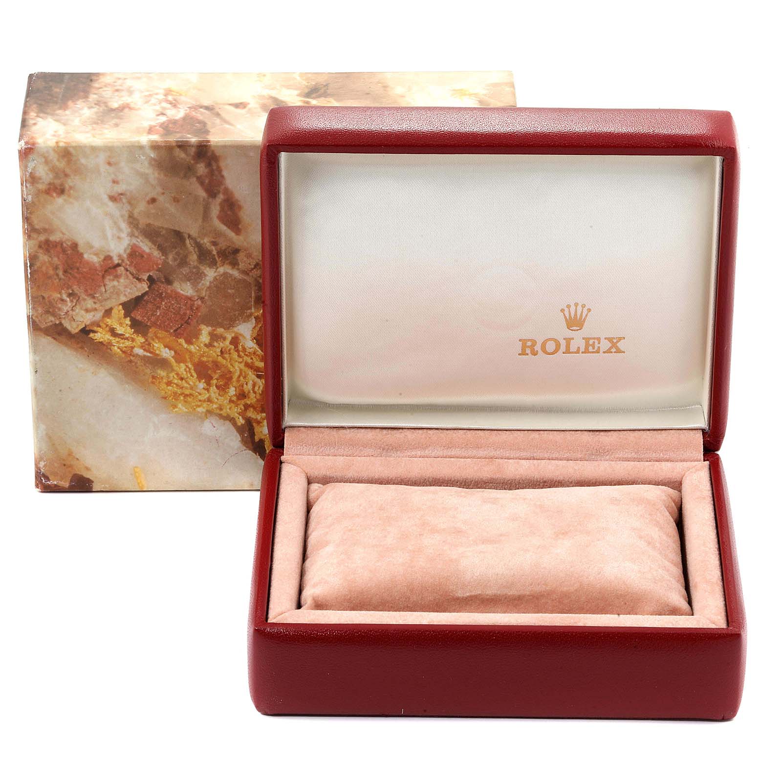 The image shows a Rolex Datejust 69174 Women's Steel and Gold (two tone) Silver Dial 69174 Women's Steel and Gold (two tone) Silver Dial watch box, open to display the interior cushion and case.