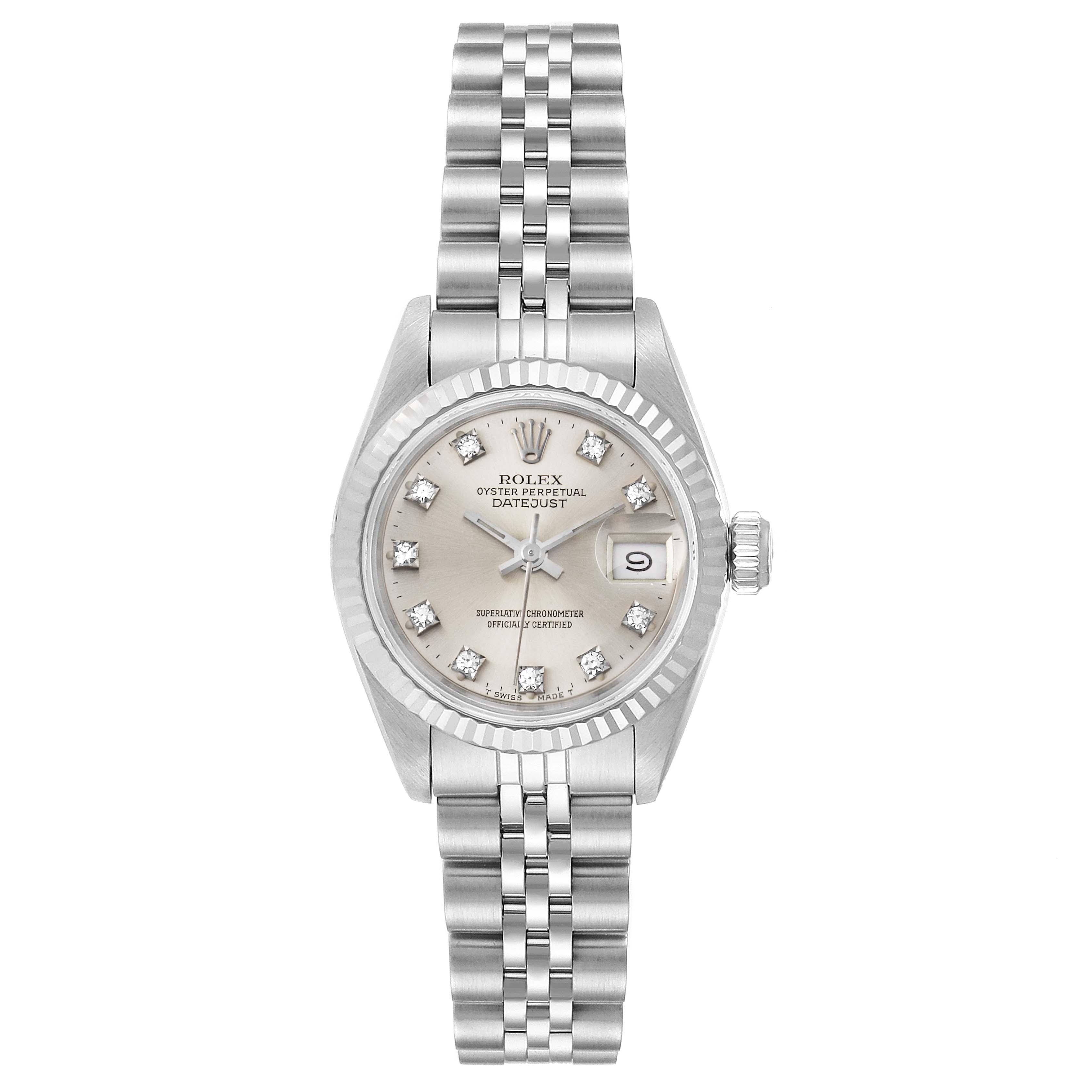 The image shows a Rolex Datejust 69174 Women's Steel and Gold (two tone) Silver Dial 69174 Women's Steel and Gold (two tone) Silver Dial watch with a silver dial, diamond hour markers, and a Jubilee bracelet, viewed from the front.