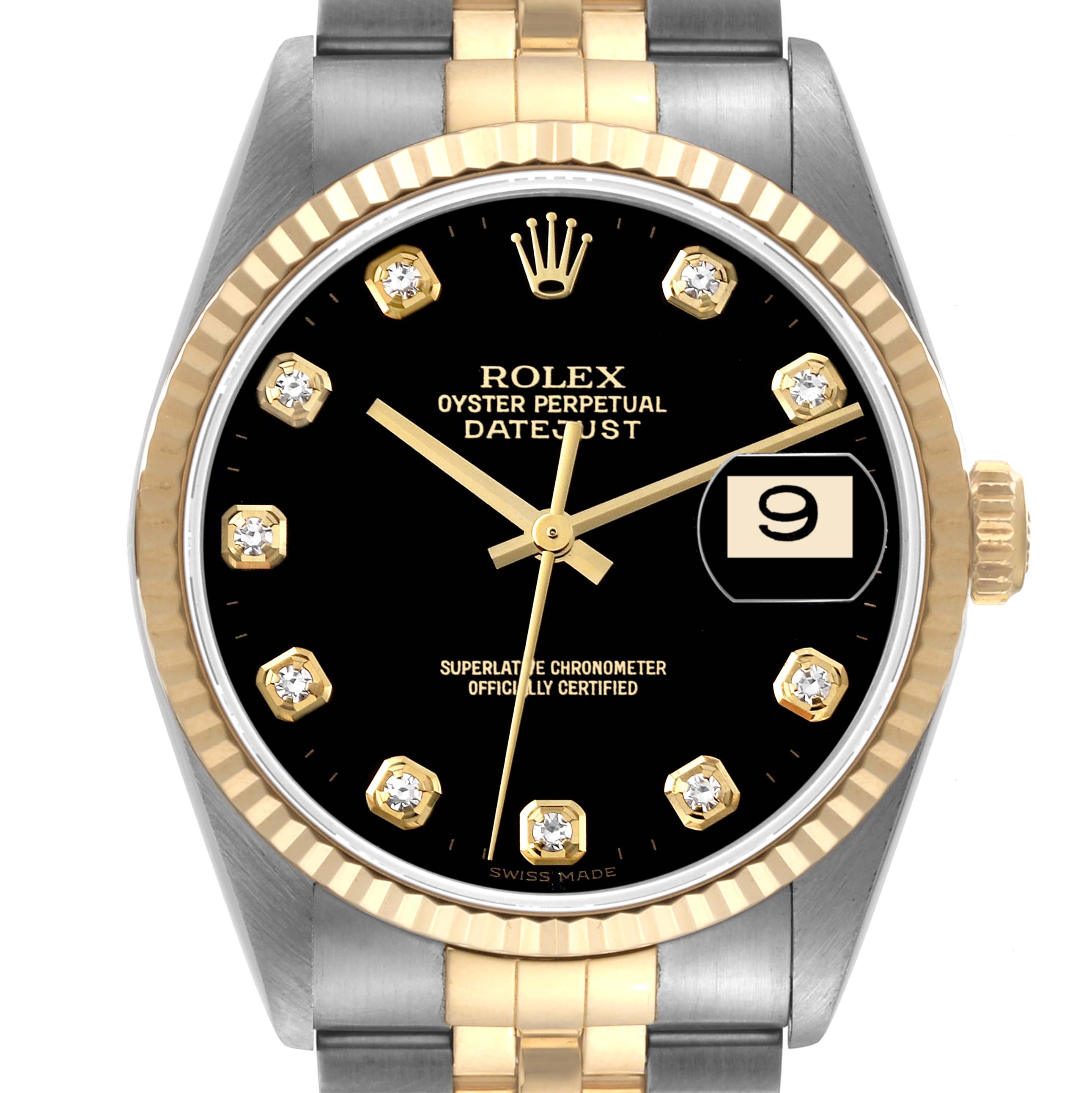 The image shows a frontal view of a Rolex Datejust 16233 Men's Steel and Gold (two tone) Black Dial 16233 Men's Steel and Gold (two tone) Black Dial watch, highlighting its black dial, date display, and two-tone bracelet.