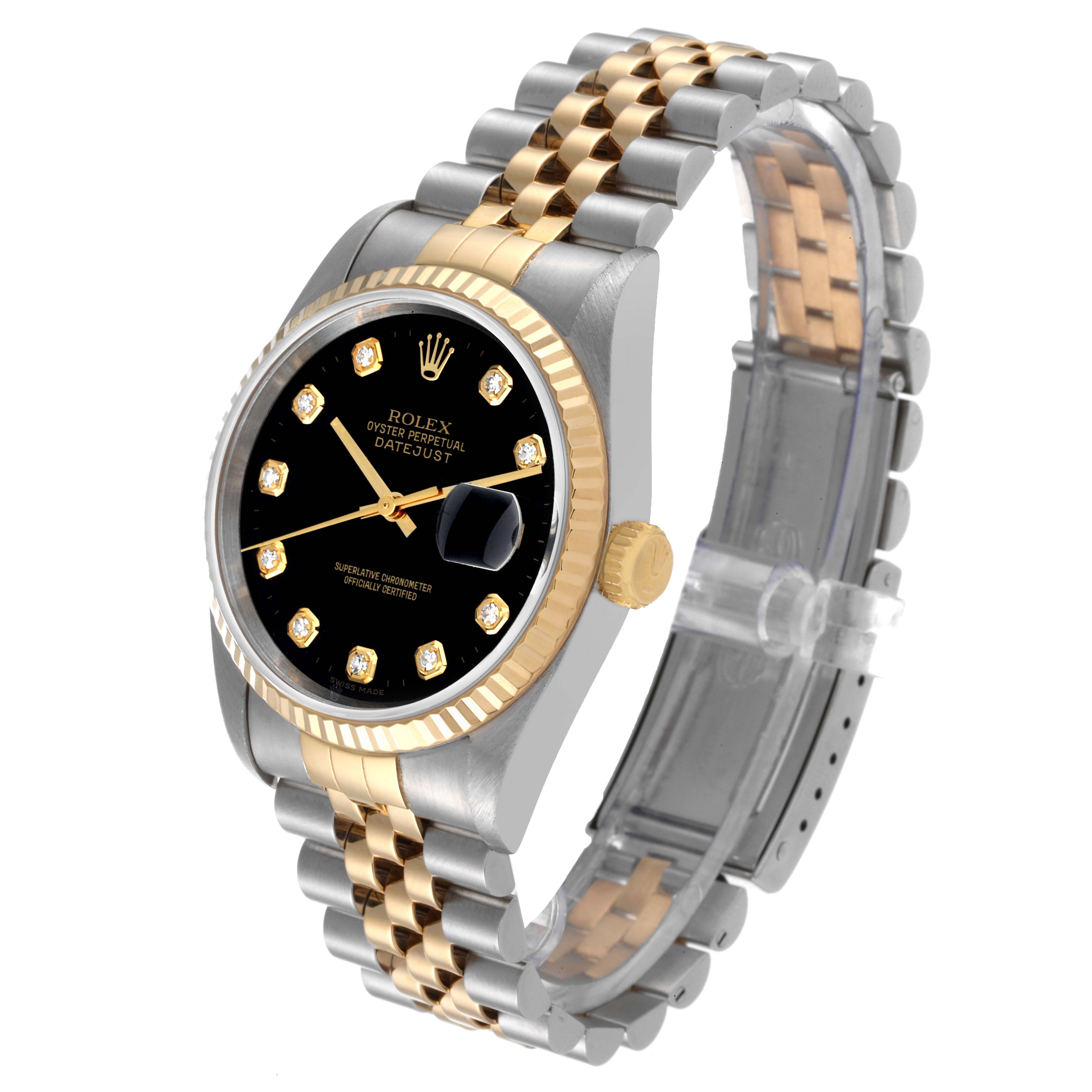 The Rolex Datejust 16233 Men's Steel and Gold (two tone) Black Dial 16233 Men's Steel and Gold (two tone) Black Dial watch is shown at a front angle, displaying its black dial, fluted bezel, and two-tone Jubilee bracelet.