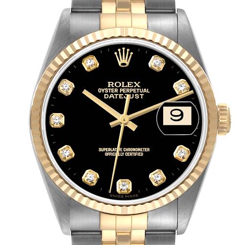 The image shows a Rolex Datejust watch from a straight-on angle, highlighting the dial, bezel, and part of the bracelet.