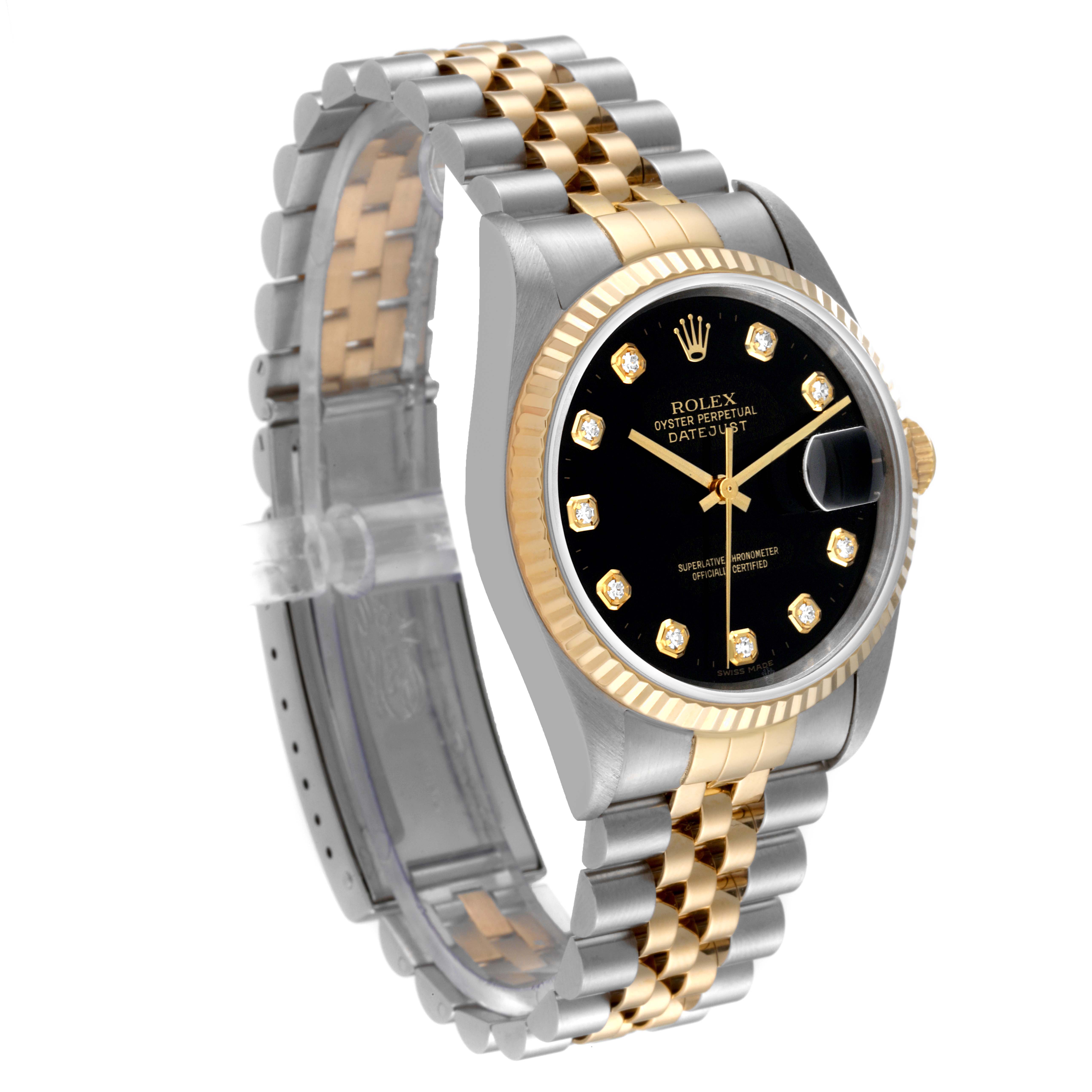 The image shows a Rolex Datejust 16233 Men's Steel and Gold (two tone) Black Dial 16233 Men's Steel and Gold (two tone) Black Dial model watch, angled to display the face, bezel, and part of the bracelet.
