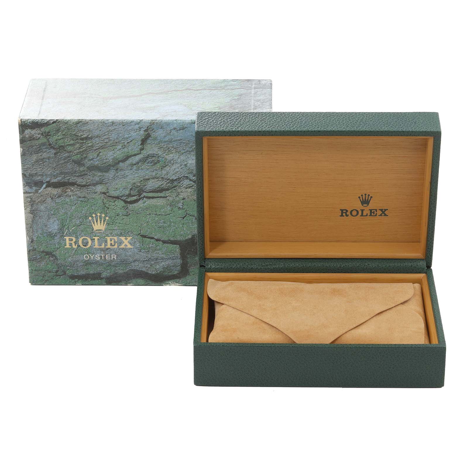 The image shows the green Rolex Datejust 16233 Men's Steel and Gold (two tone) Black Dial 16233 Men's Steel and Gold (two tone) Black Dial box and its interior with a beige cushion, positioned at a front angle.