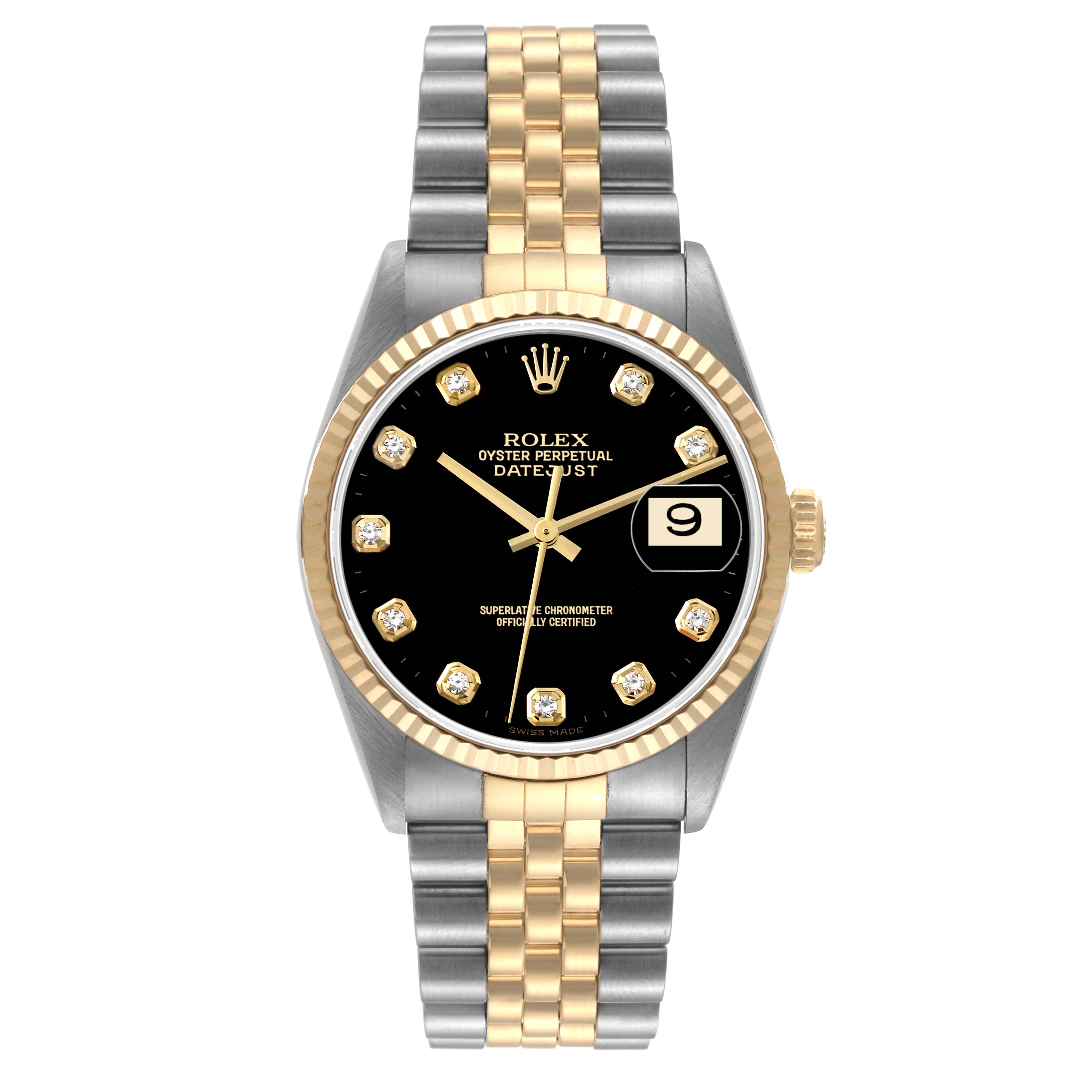 This Rolex Datejust 16233 Men's Steel and Gold (two tone) Black Dial 16233 Men's Steel and Gold (two tone) Black Dial watch is shown from a front angle, highlighting its black dial, fluted bezel, and two-tone bracelet.
