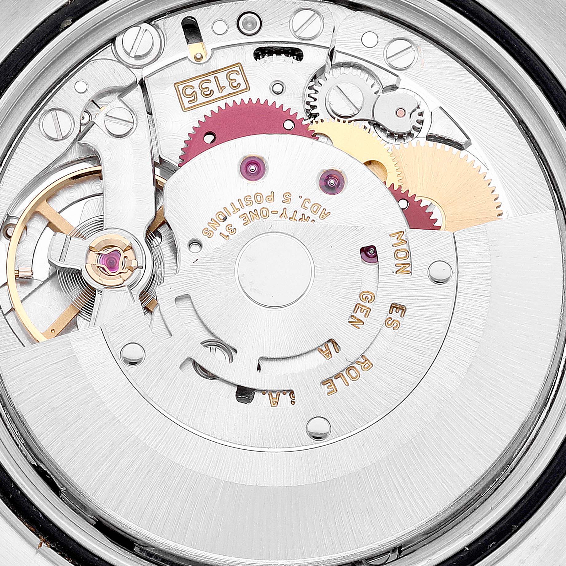 This image shows the intricate inner mechanism of a Rolex Datejust 16233 Men's Steel and Gold (two tone) Black Dial 16233 Men's Steel and Gold (two tone) Black Dial watch, highlighting its gears and components.