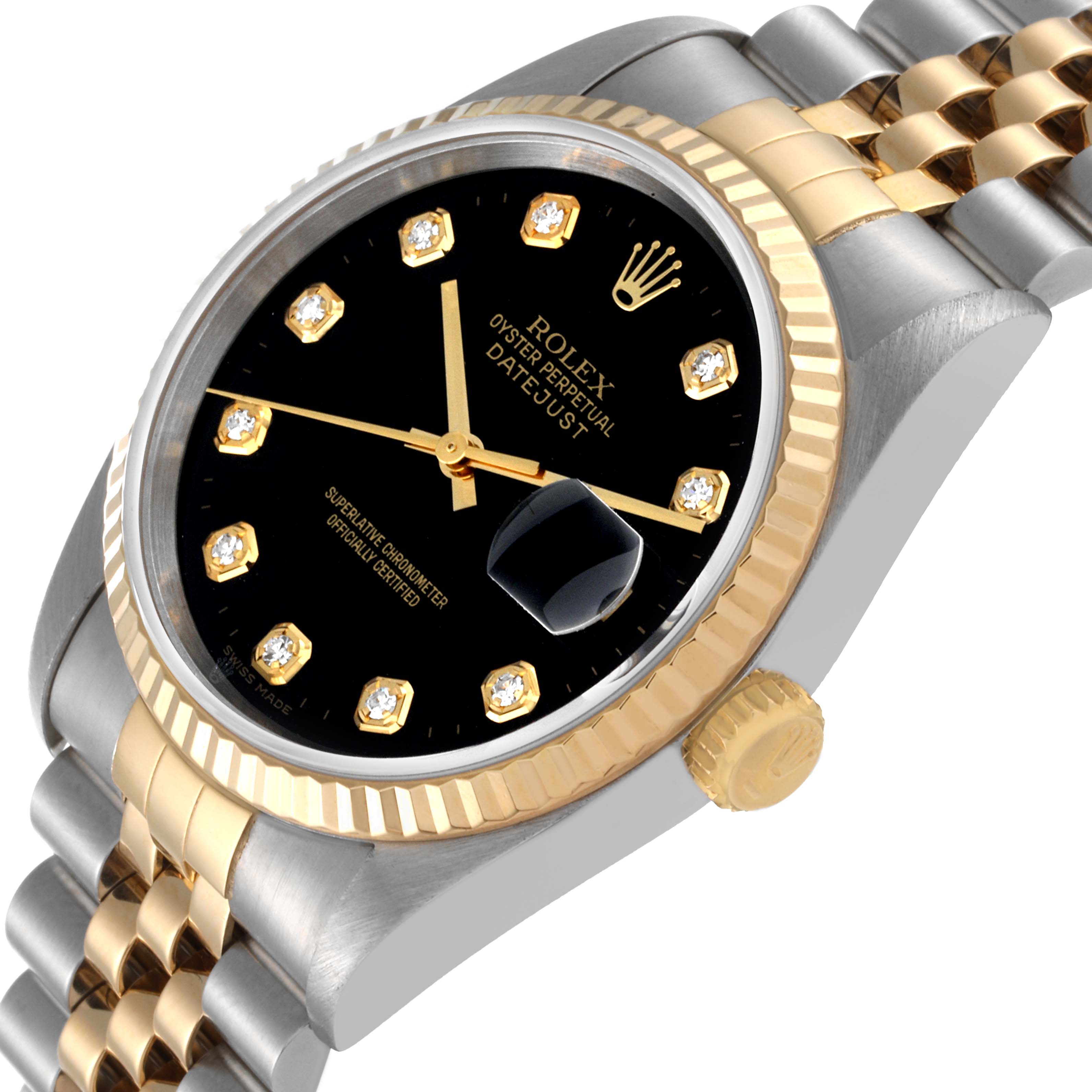 This image shows a Rolex Datejust 16233 Men's Steel and Gold (two tone) Black Dial 16233 Men's Steel and Gold (two tone) Black Dial watch from an angled perspective, highlighting its black dial, date window, gold bezel, and two-tone bracelet.
