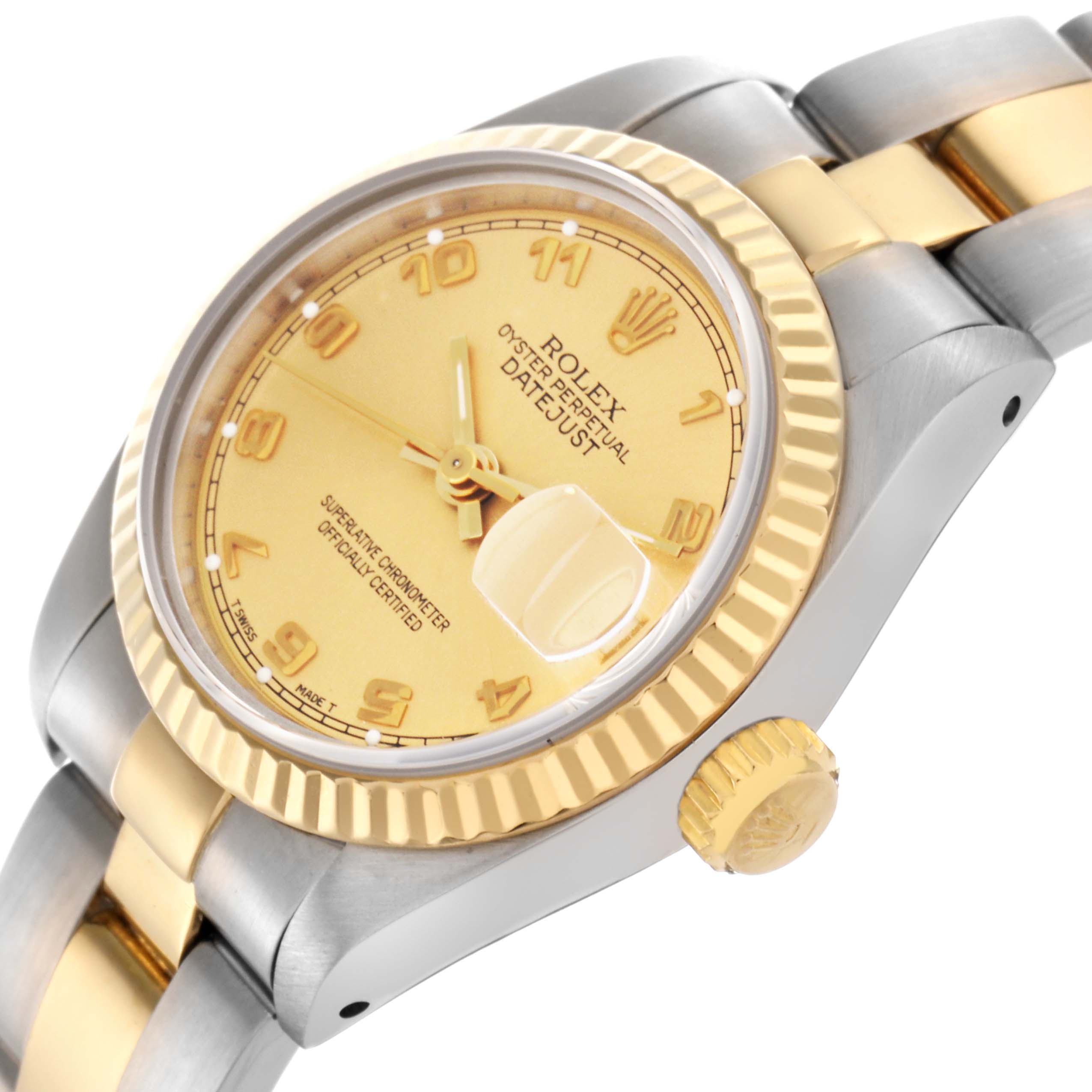 The Rolex Datejust 69173 Women's Steel and Gold (two tone) Champagne Dial 69173 Women's Steel and Gold (two tone) Champagne Dial watch is shown at an angle highlighting the gold dial, fluted bezel, crown, and a portion of the two-tone bracelet.