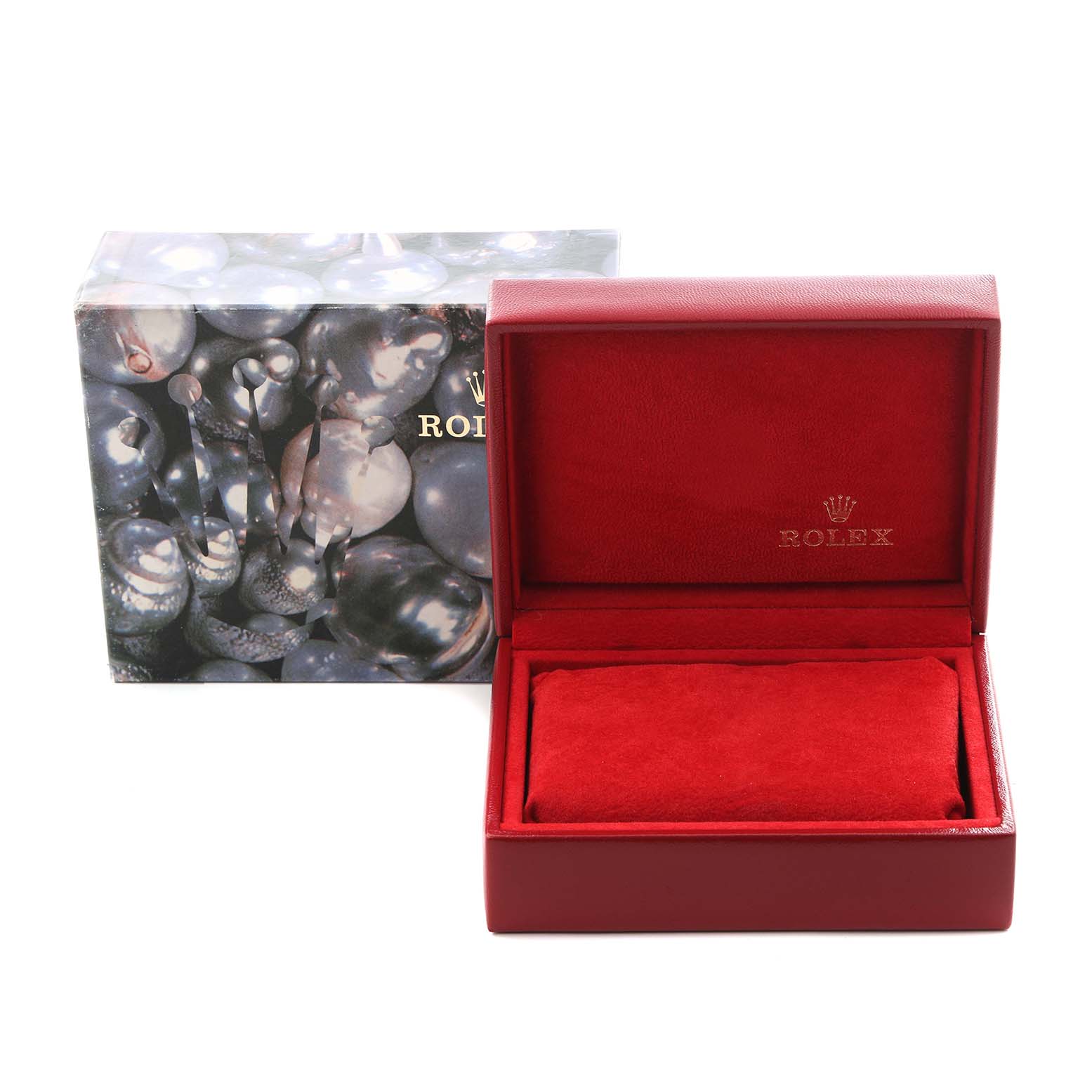 The image shows a Rolex Datejust 69173 Women's Steel and Gold (two tone) Champagne Dial 69173 Women's Steel and Gold (two tone) Champagne Dial watch box and packaging, highlighting a red interior and decorative outer box.