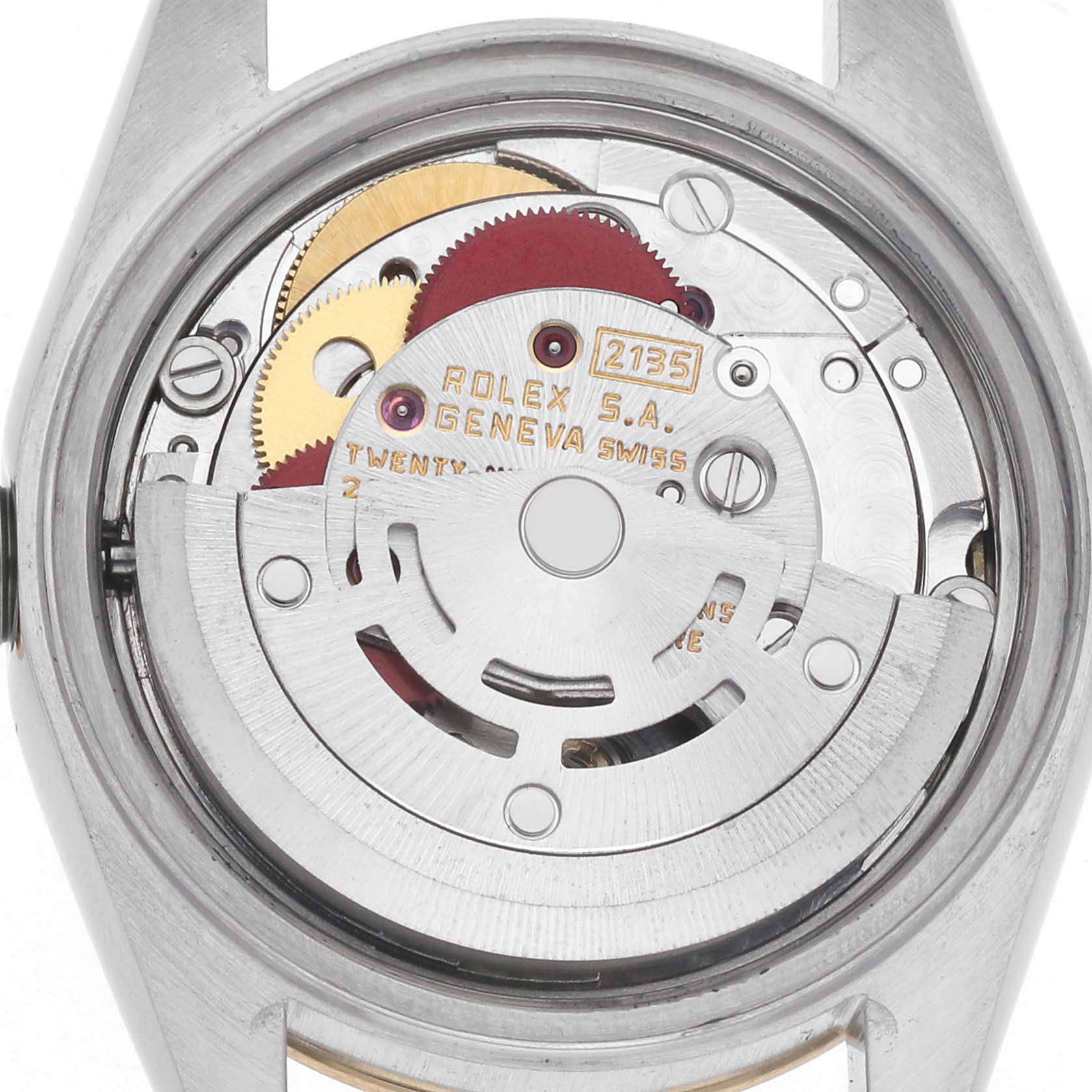 The image shows the back view of a Rolex Datejust 69173 Women's Steel and Gold (two tone) Champagne Dial 69173 Women's Steel and Gold (two tone) Champagne Dial watch, highlighting its intricate movement and gears.