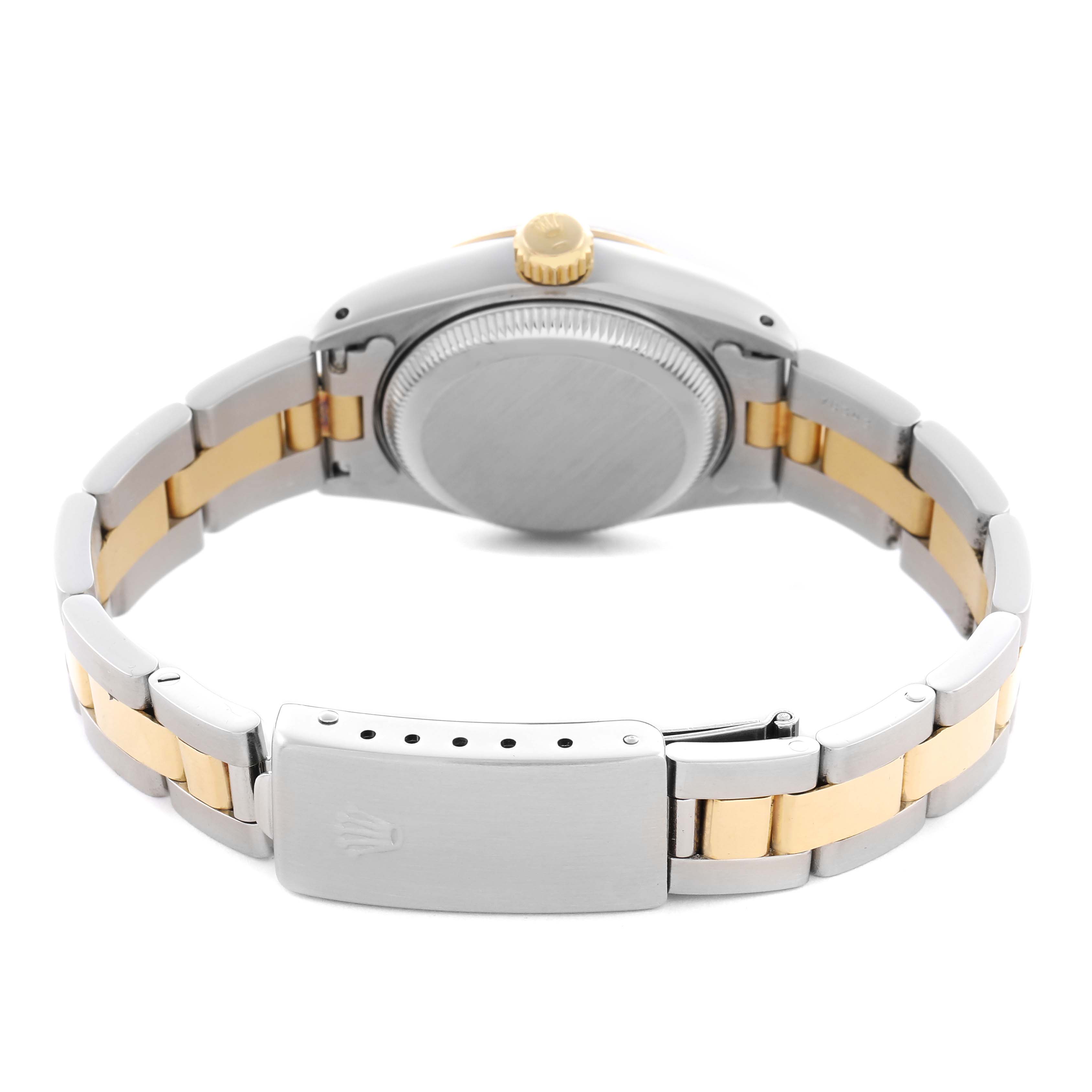 The image shows the back view of a Rolex Datejust 69173 Women's Steel and Gold (two tone) Champagne Dial 69173 Women's Steel and Gold (two tone) Champagne Dial, highlighting the case back, crown, and two-tone bracelet with a clasp.