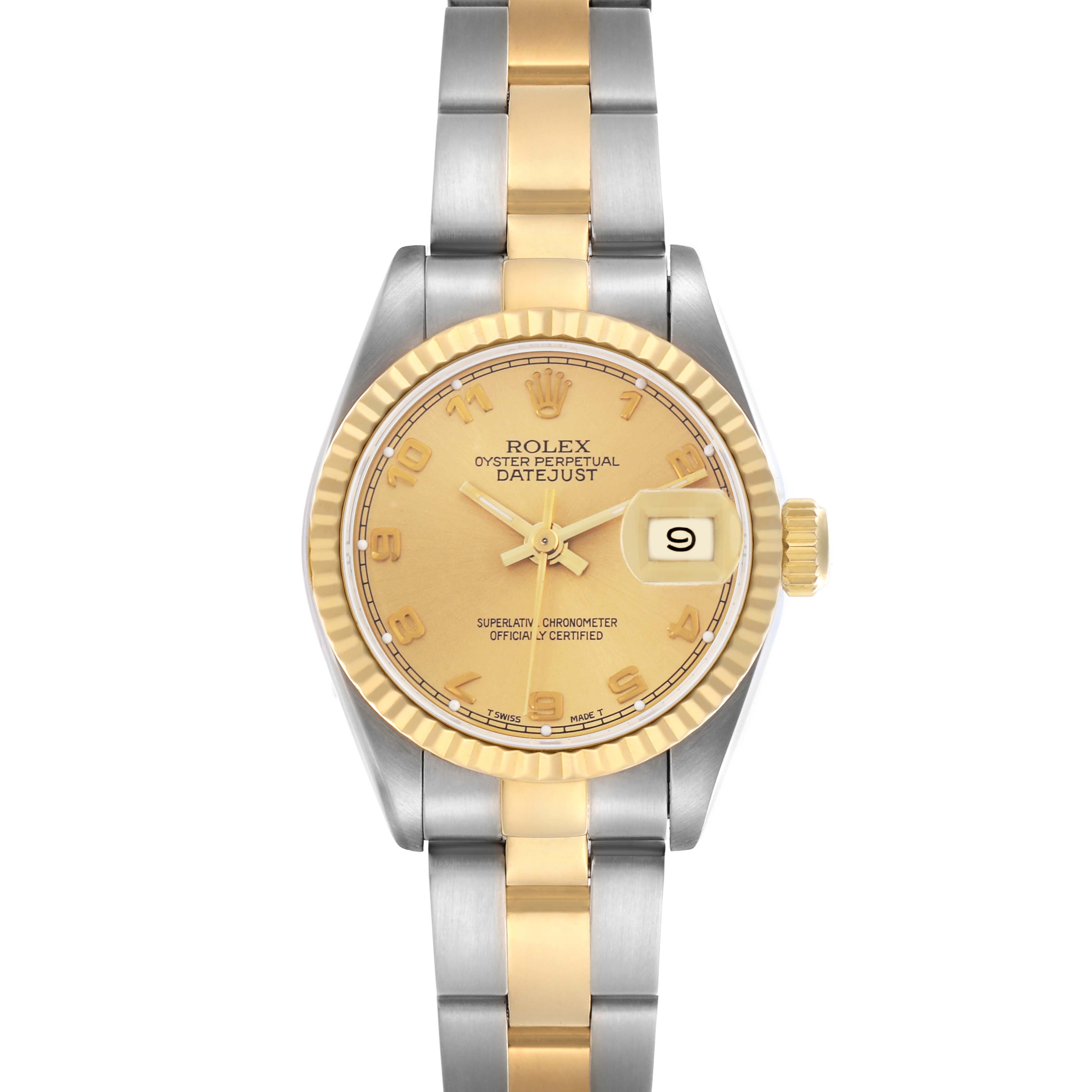 The Rolex Datejust 69173 Women's Steel and Gold (two tone) Champagne Dial 69173 Women's Steel and Gold (two tone) Champagne Dial watch is shown from a front view, displaying its dial, bezel, and part of the bracelet.