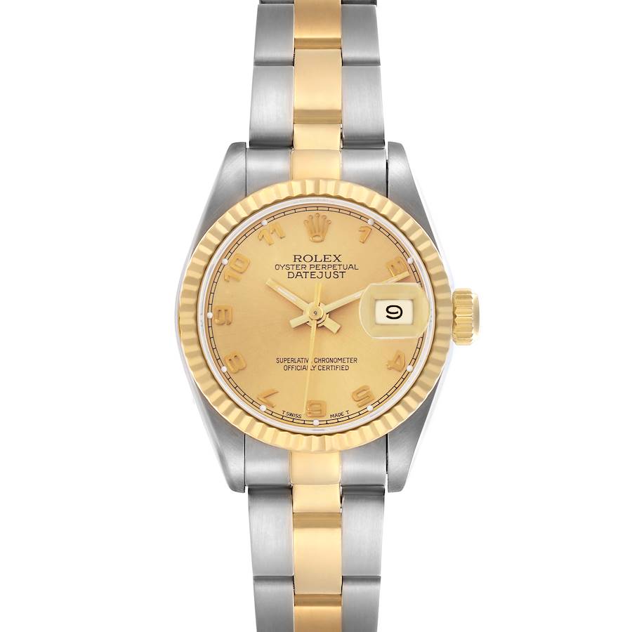 The Rolex Datejust watch is shown from a front view, displaying its dial, bezel, and part of the bracelet.