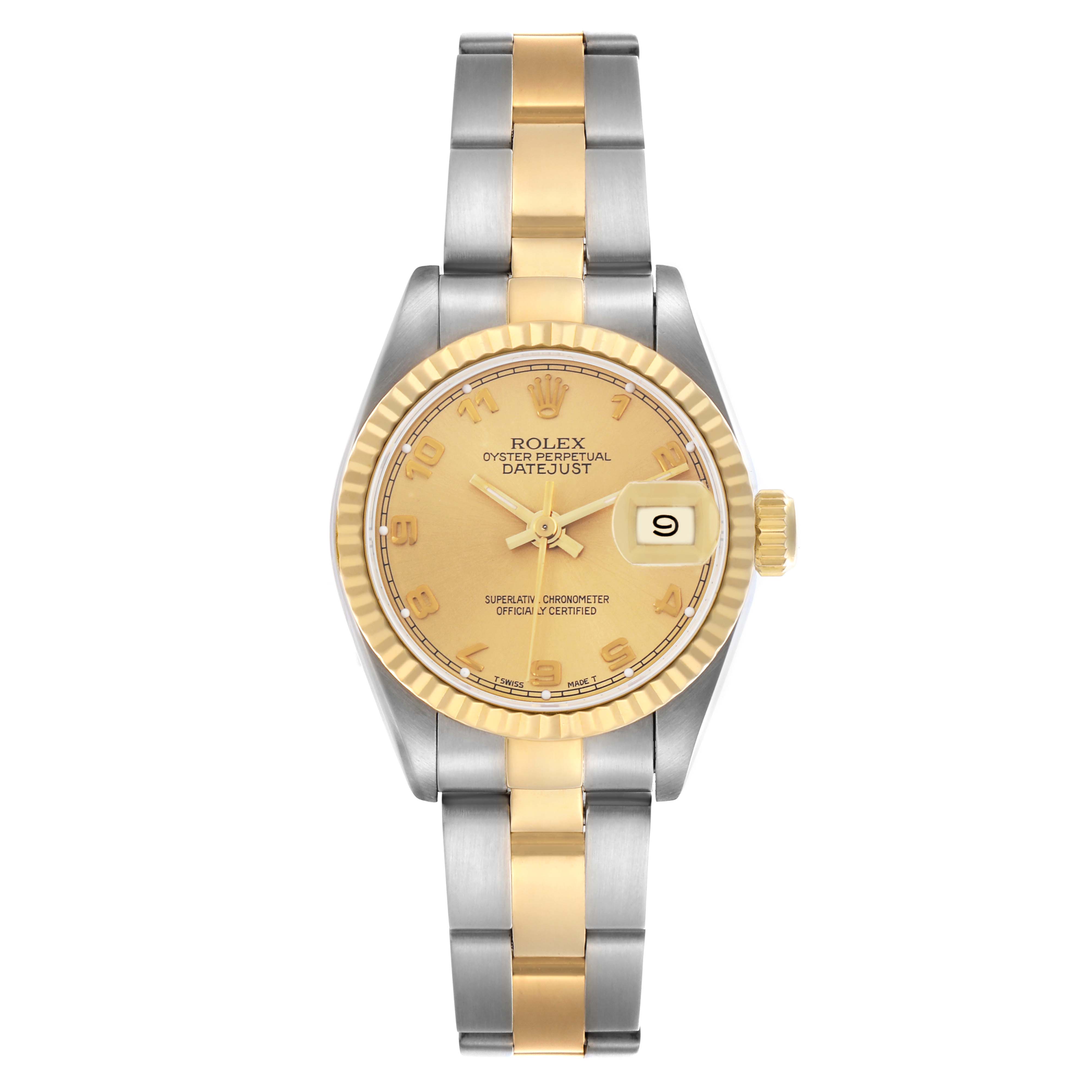 The Rolex Datejust 69173 Women's Steel and Gold (two tone) Champagne Dial 69173 Women's Steel and Gold (two tone) Champagne Dial watch is shown from a top-down angle, displaying its face, bezel, crown, and bracelet.
