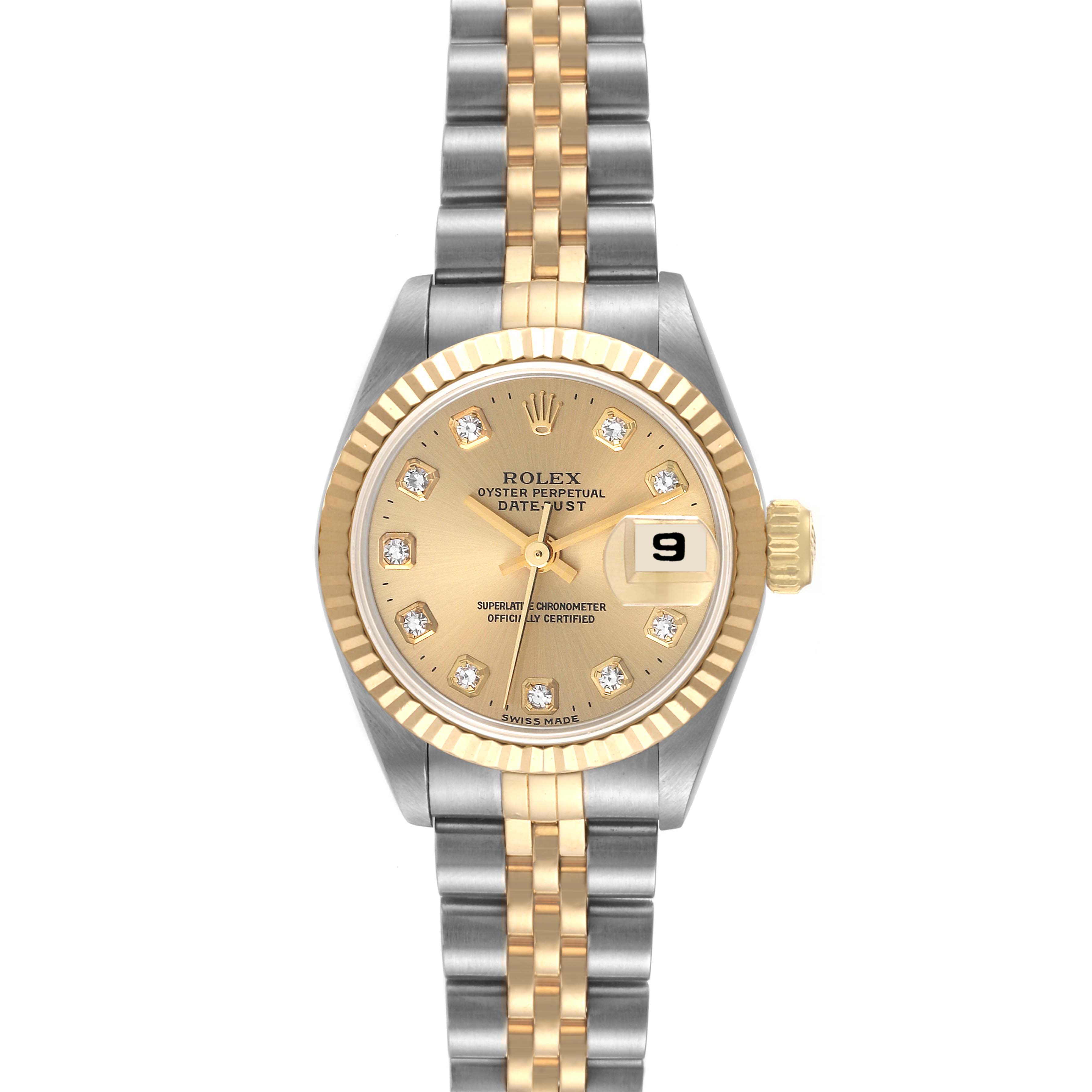 The Rolex Datejust 69173 Women's Steel and Gold (two tone) Champagne Dial 69173 Women's Steel and Gold (two tone) Champagne Dial watch is shown from the front, displaying its dial, bezel, case, and jubilee bracelet.