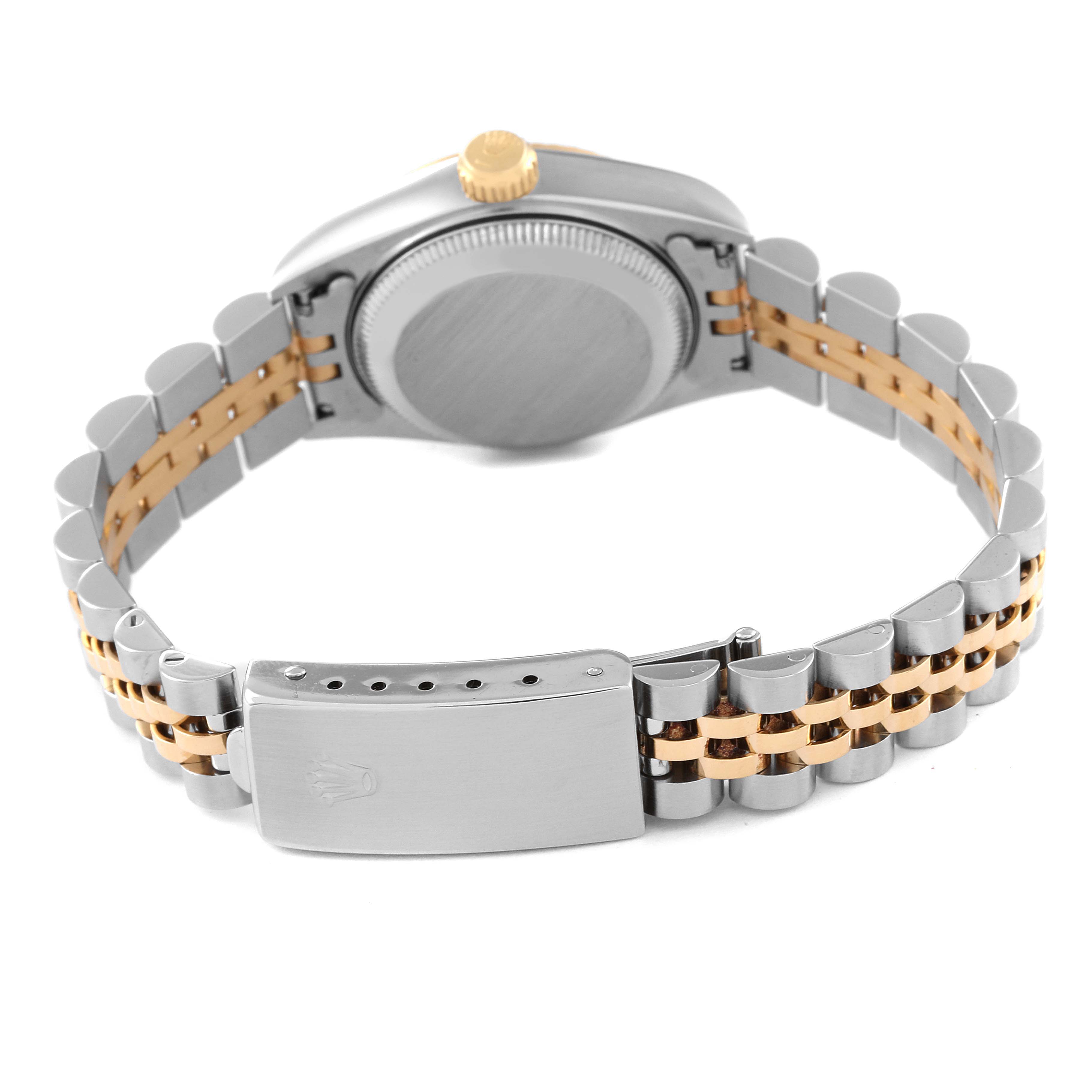 This image shows the back view of a Rolex Datejust 69173 Women's Steel and Gold (two tone) Champagne Dial 69173 Women's Steel and Gold (two tone) Champagne Dial watch, highlighting the bracelet and clasp.