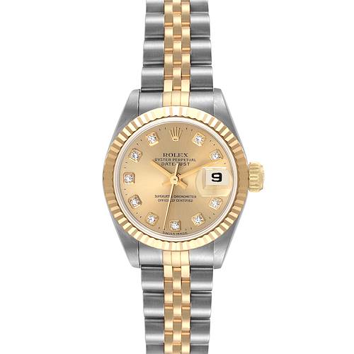 The Datejust model by Rolex is shown from a front angle, featuring its dial, bezel, and bracelet.