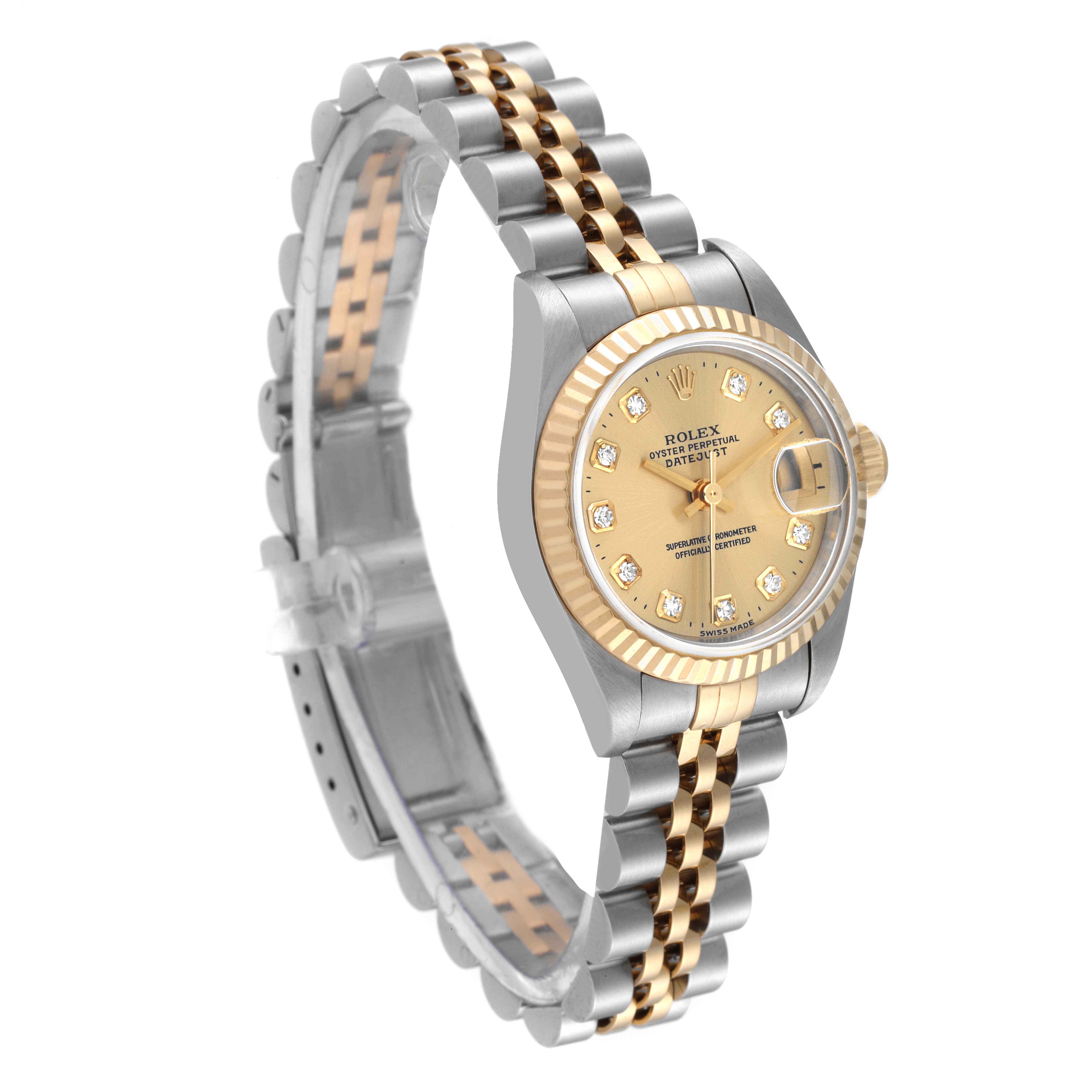 This image shows a Rolex Datejust 69173 Women's Steel and Gold (two tone) Champagne Dial 69173 Women's Steel and Gold (two tone) Champagne Dial watch at an angled view, highlighting its dial, bezel, and two-tone bracelet.