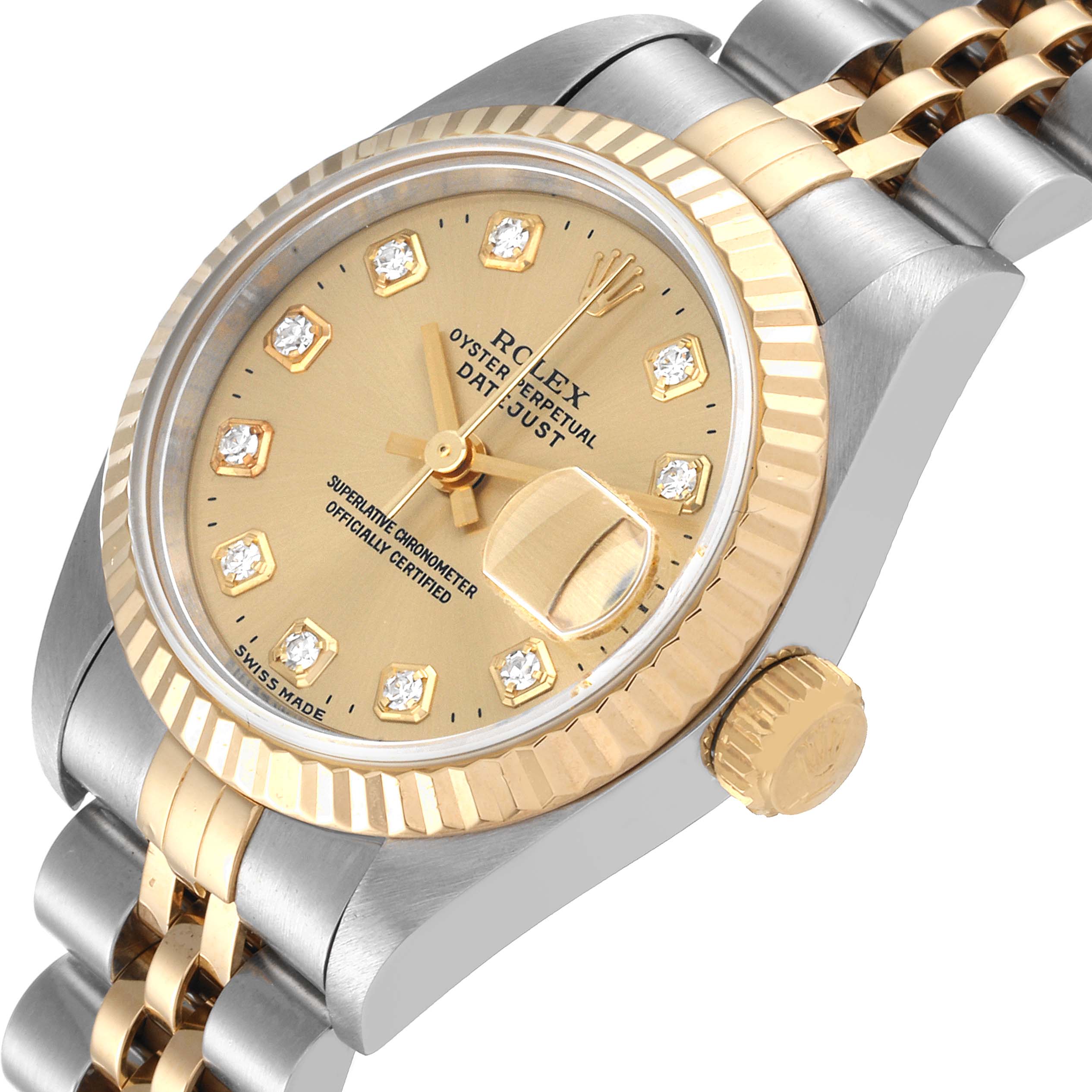 This Rolex Datejust 69173 Women's Steel and Gold (two tone) Champagne Dial 69173 Women's Steel and Gold (two tone) Champagne Dial watch is shown at a tilted angle highlighting its gold and stainless steel case, bezel, crown, and dial with diamond markers.