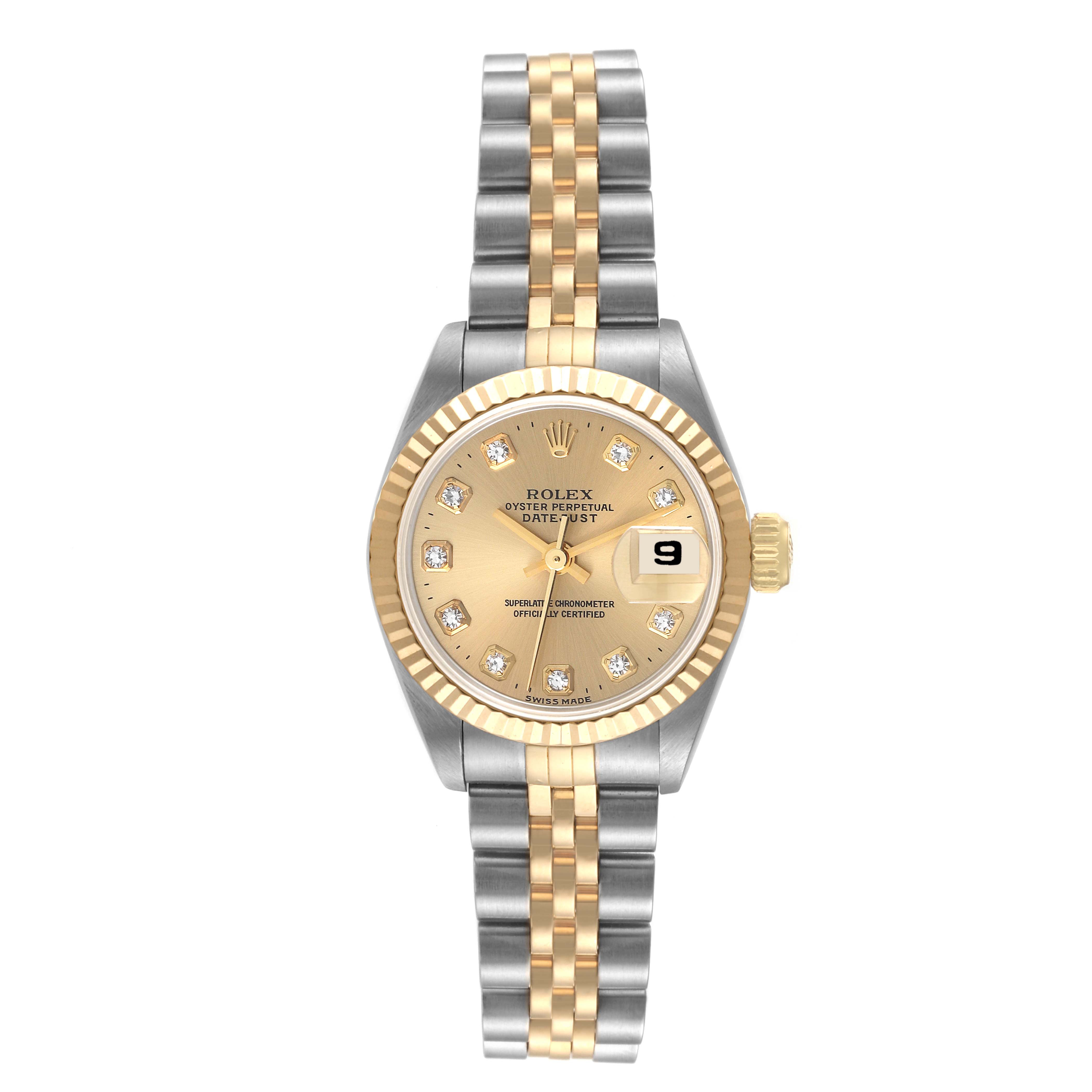 The Rolex Datejust 69173 Women's Steel and Gold (two tone) Champagne Dial 69173 Women's Steel and Gold (two tone) Champagne Dial watch is shown from the front, displaying its face, bezel, crown, and two-tone bracelet.