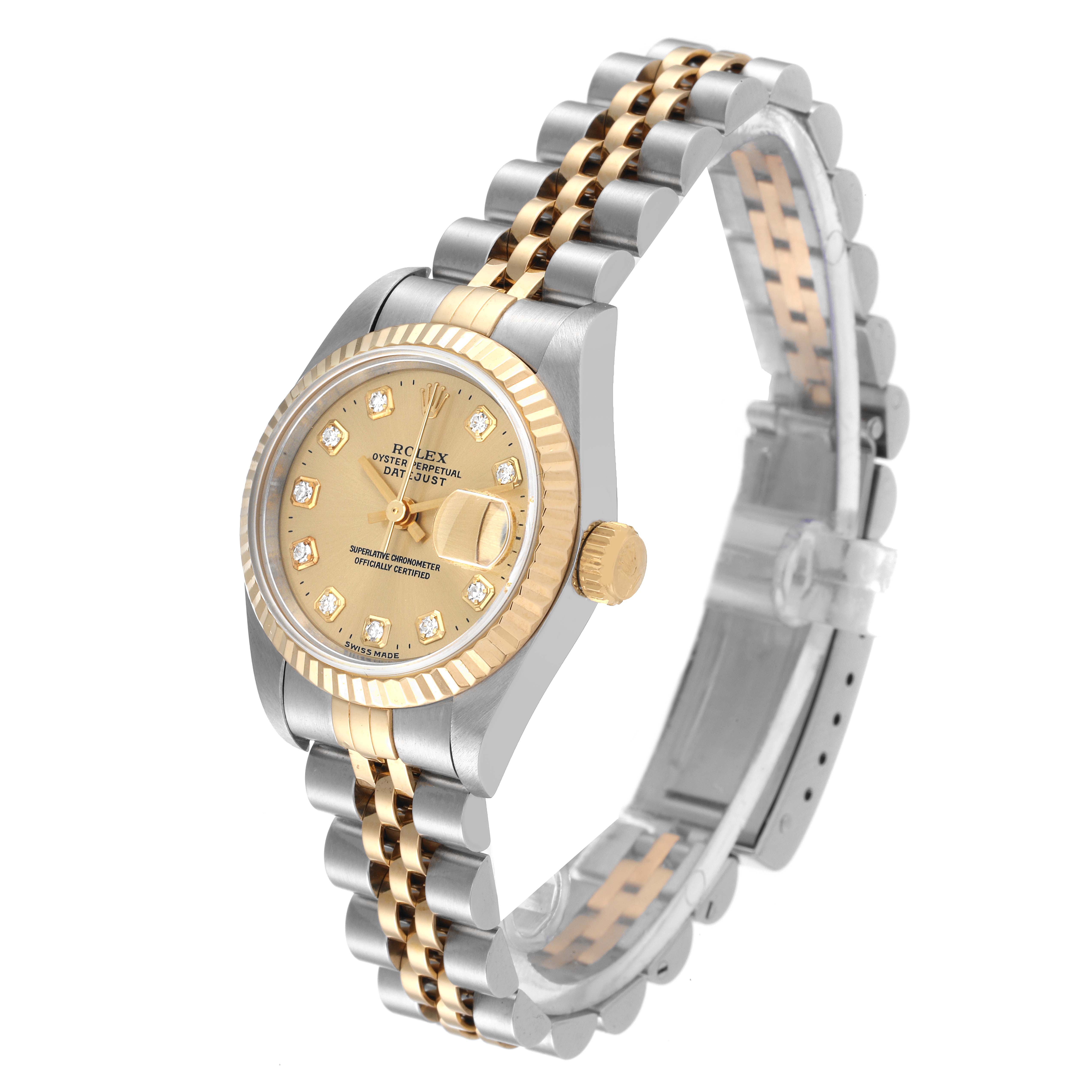 The image shows a Rolex Datejust 69173 Women's Steel and Gold (two tone) Champagne Dial 69173 Women's Steel and Gold (two tone) Champagne Dial watch at a three-quarter angle highlighting the face, crown, and two-tone band.