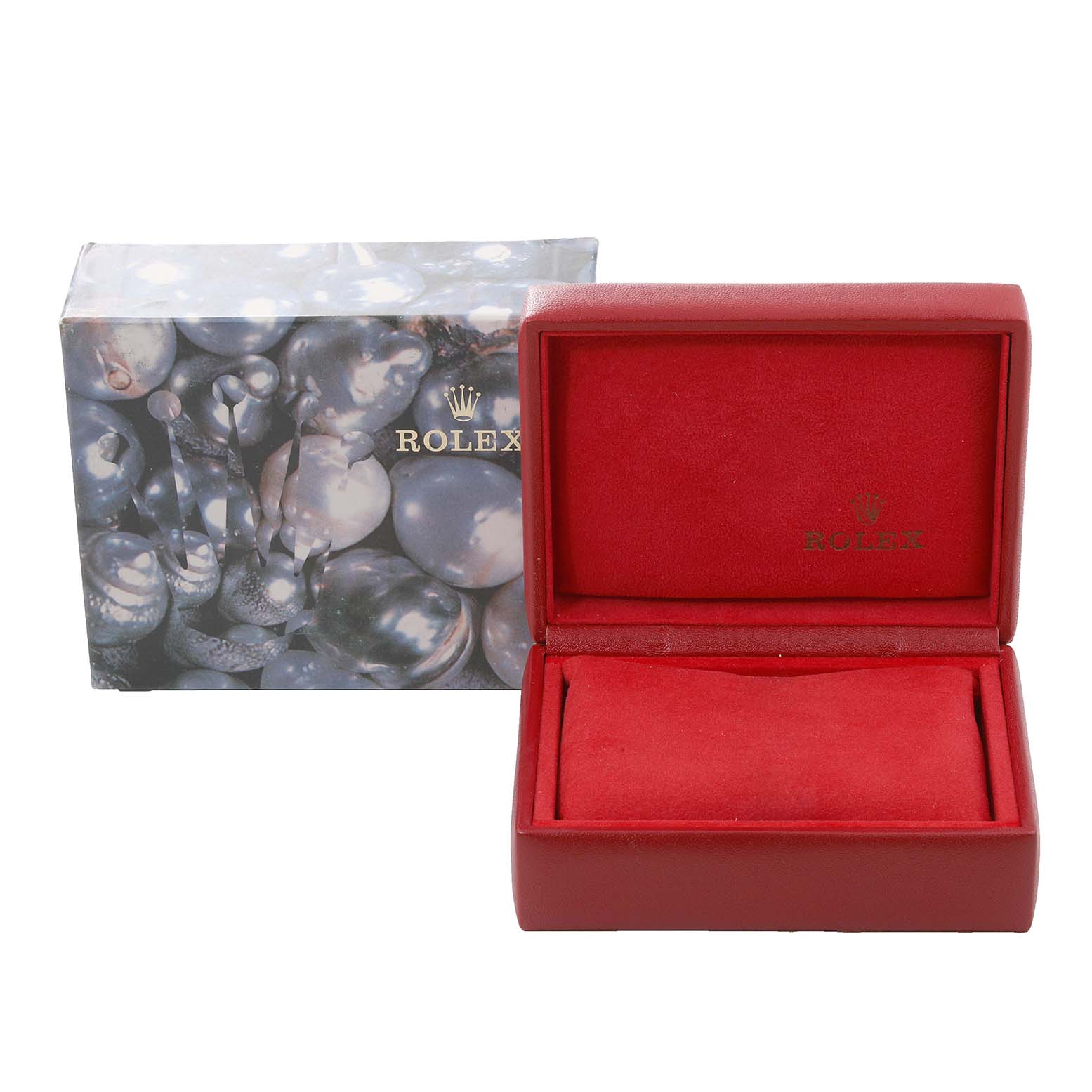 The image shows a Rolex Datejust 69173 Women's Steel and Gold (two tone) Champagne Dial 69173 Women's Steel and Gold (two tone) Champagne Dial watch box and outer packaging, with the box open and the interior lined in red.