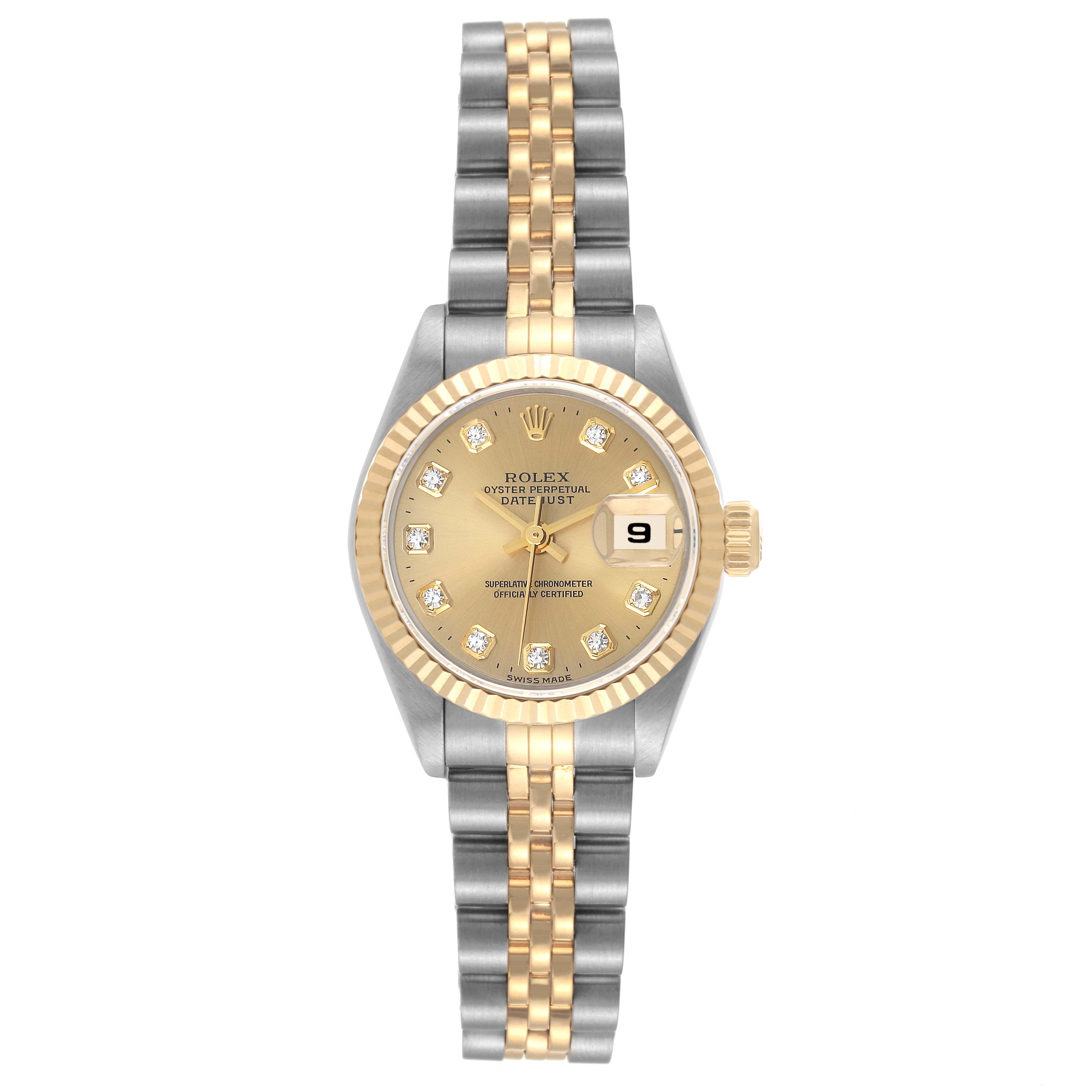 This is a front view of the Rolex Datejust 69173 Women's Steel and Gold (two tone) Champagne Dial 69173 Women's Steel and Gold (two tone) Champagne Dial watch, showing the dial, bezel, and two-tone bracelet band.