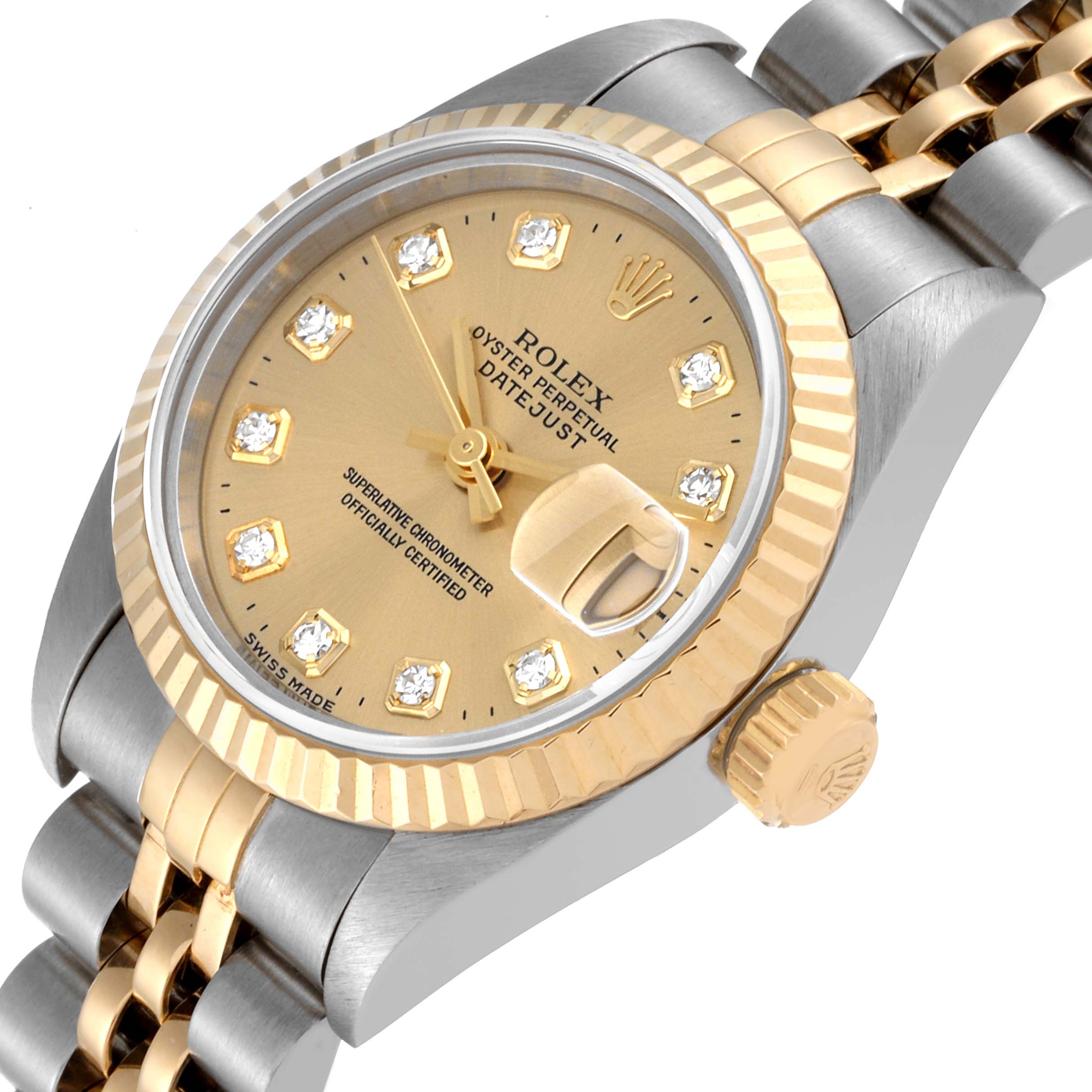 The image shows an angled view of a Rolex Datejust 69173 Women's Steel and Gold (two tone) Champagne Dial 69173 Women's Steel and Gold (two tone) Champagne Dial watch, focusing on its dial, bezel, crown, and part of the bracelet.