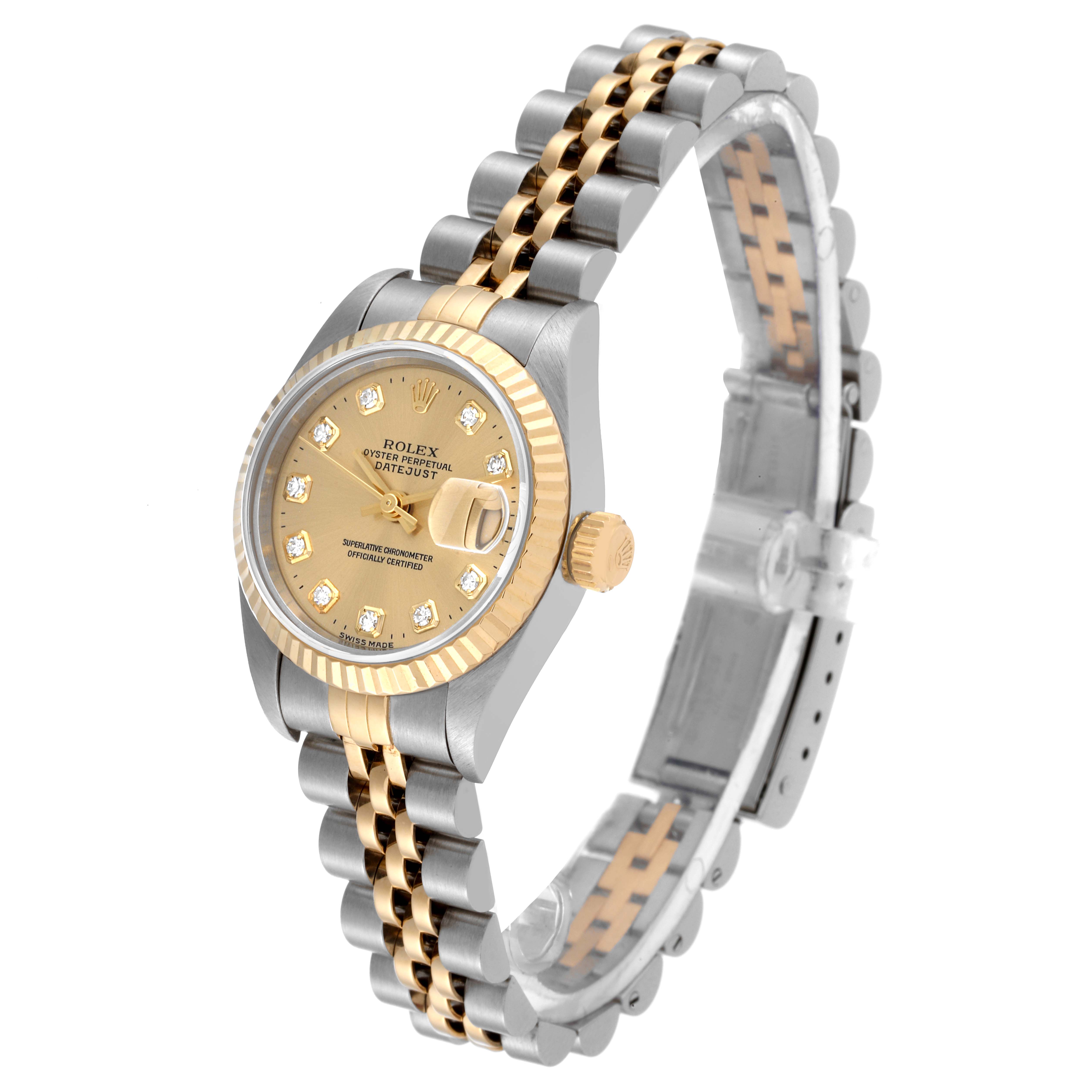 The image shows a Rolex Datejust 69173 Women's Steel and Gold (two tone) Champagne Dial 69173 Women's Steel and Gold (two tone) Champagne Dial watch at a three-quarter angle, highlighting its dial, bezel, and two-tone bracelet.