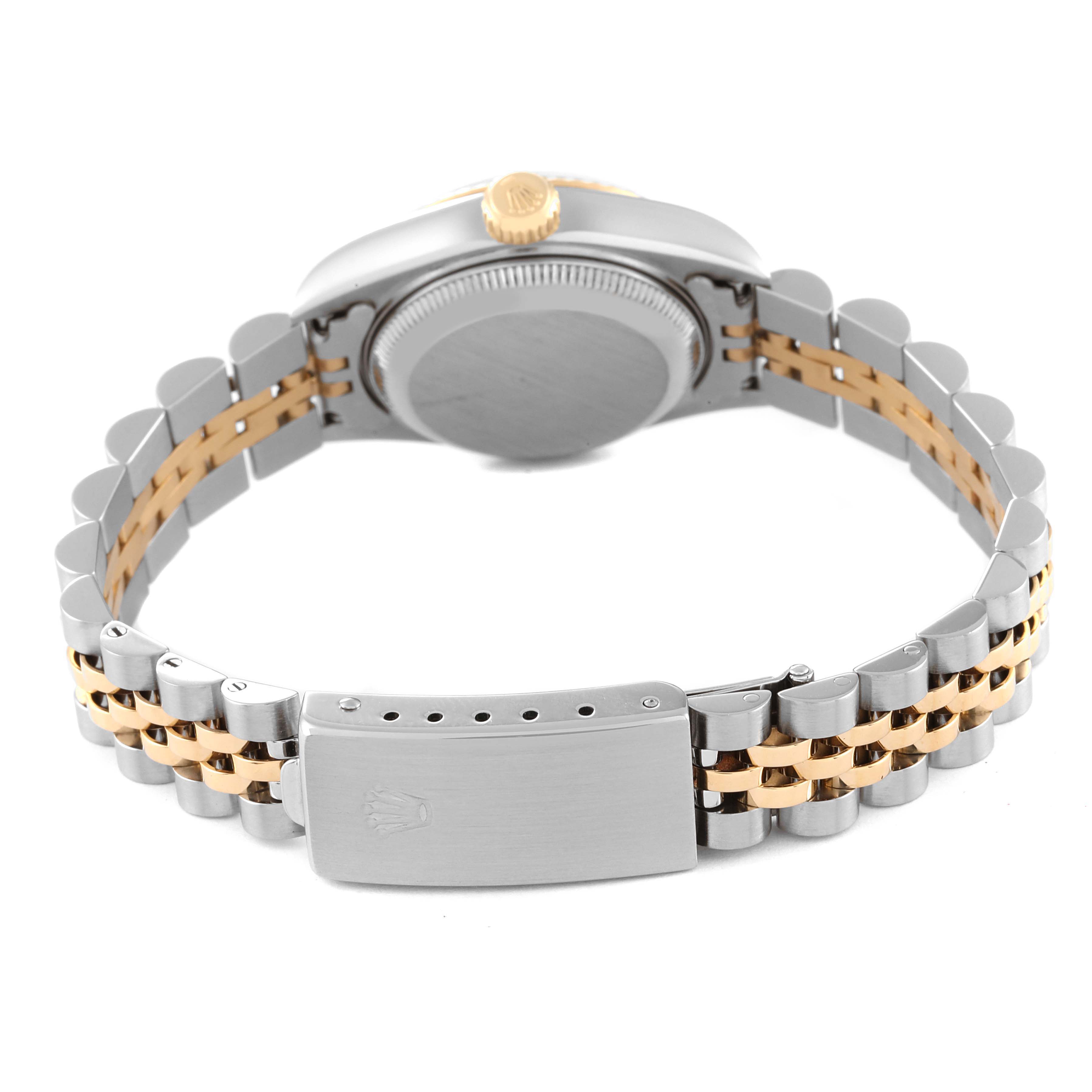 The image shows the back of a Rolex Datejust 69173 Women's Steel and Gold (two tone) Champagne Dial 69173 Women's Steel and Gold (two tone) Champagne Dial watch, highlighting the case back, crown, and the two-tone bracelet with clasp.