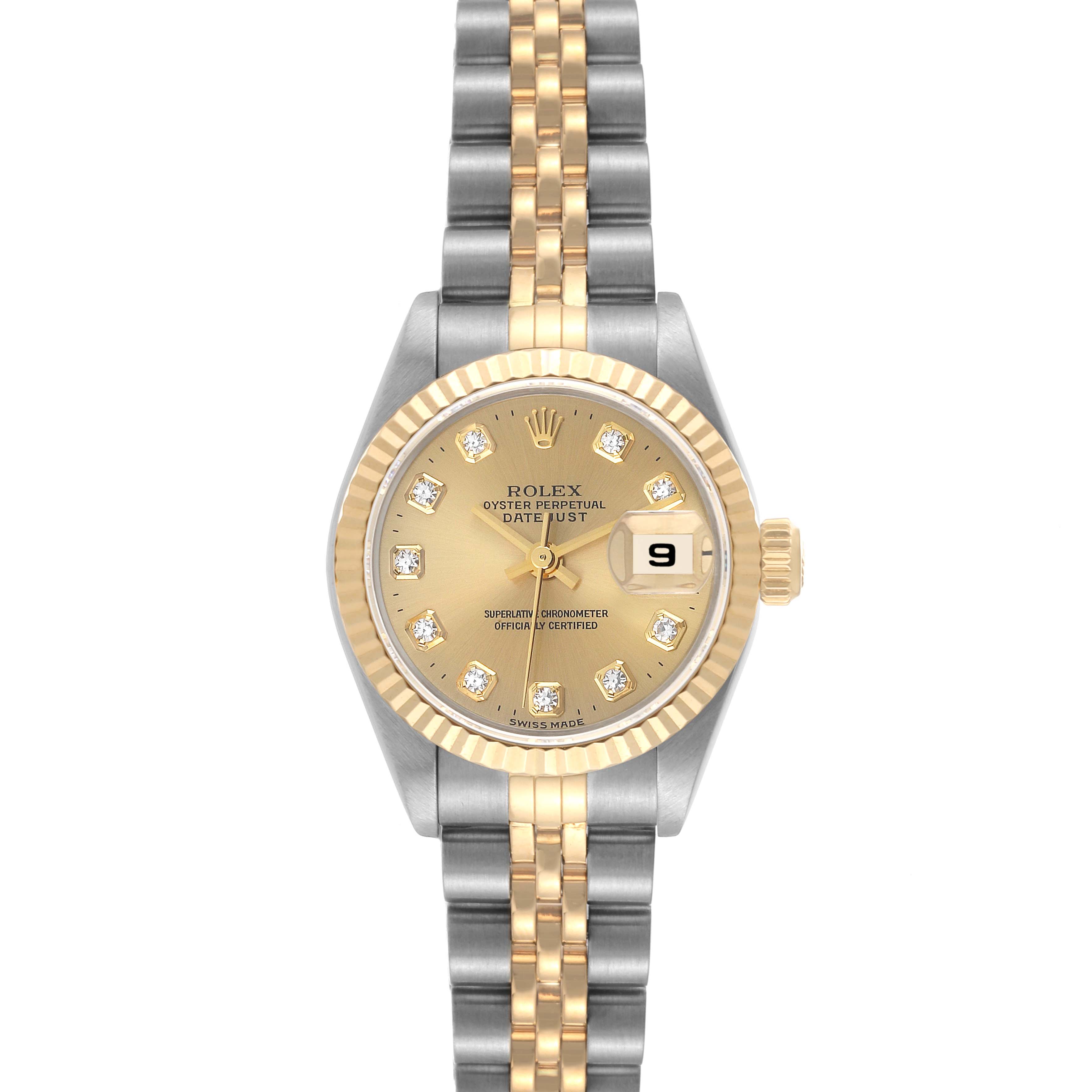 This Rolex Datejust 69173 Women's Steel and Gold (two tone) Champagne Dial 69173 Women's Steel and Gold (two tone) Champagne Dial watch is shown from a top-down angle, displaying the dial, date window, bezel, and bracelet.