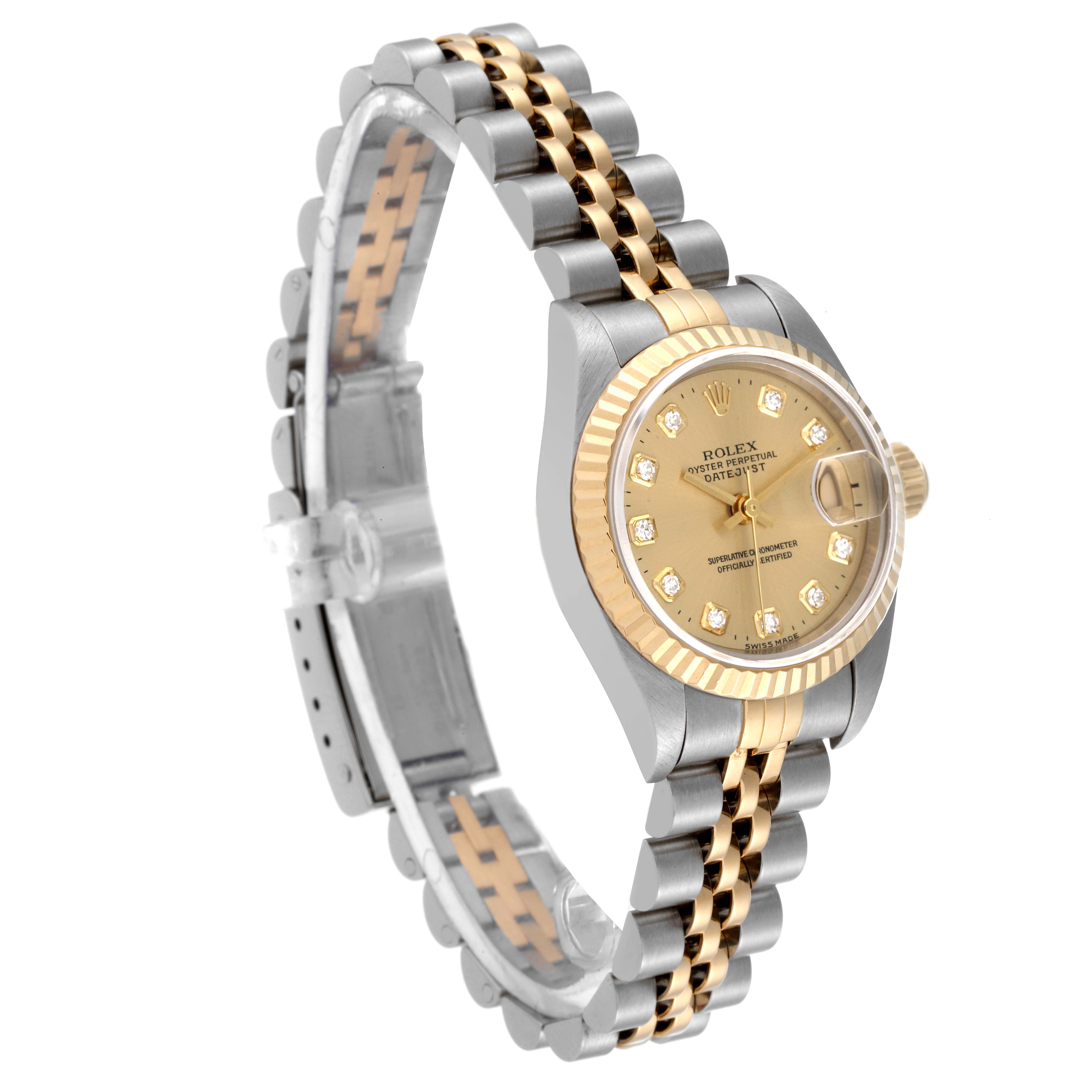 The image shows a Rolex Datejust 69173 Women's Steel and Gold (two tone) Champagne Dial 69173 Women's Steel and Gold (two tone) Champagne Dial watch from an angled side view, highlighting the bracelet, dial, and bezel.