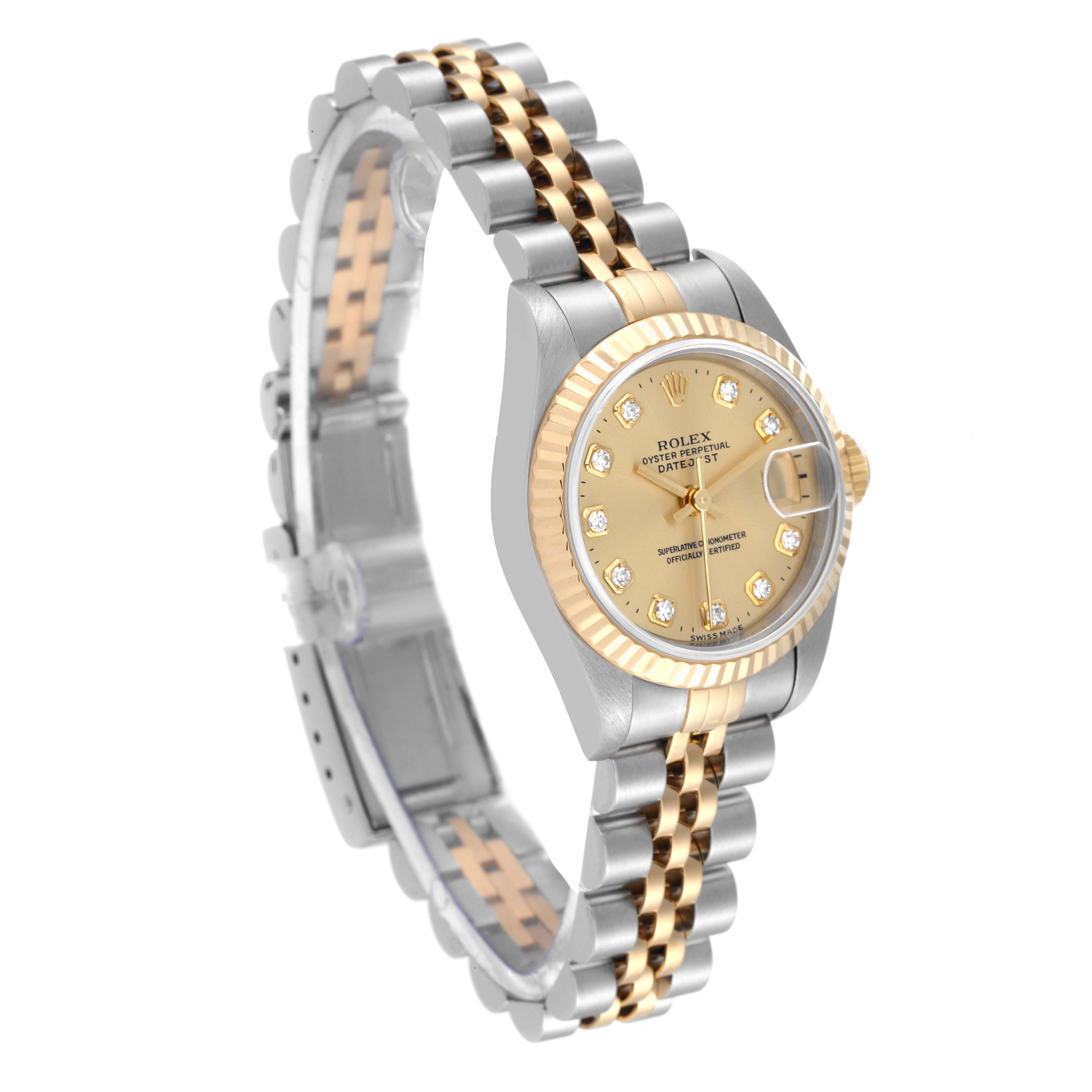 This image shows a side angle of a Rolex Datejust 69173 Women's Steel and Gold (two tone) Champagne Dial 69173 Women's Steel and Gold (two tone) Champagne Dial model, highlighting its two-tone bracelet, fluted bezel, and champagne dial.