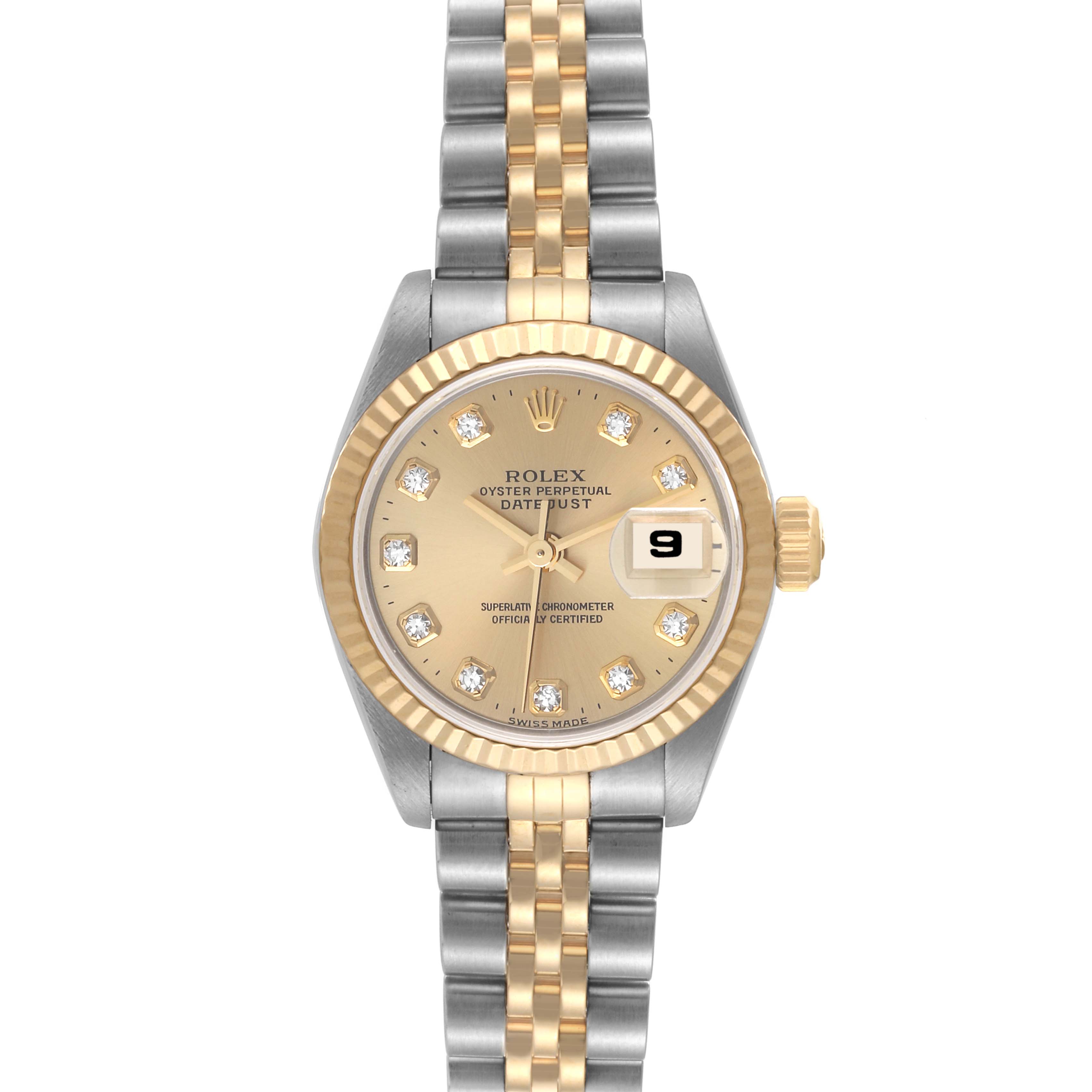 This image shows a front view of the Rolex Datejust 69173 Women's Steel and Gold (two tone) Champagne Dial 69173 Women's Steel and Gold (two tone) Champagne Dial watch, highlighting the dial, fluted bezel, and two-tone Jubilee bracelet.