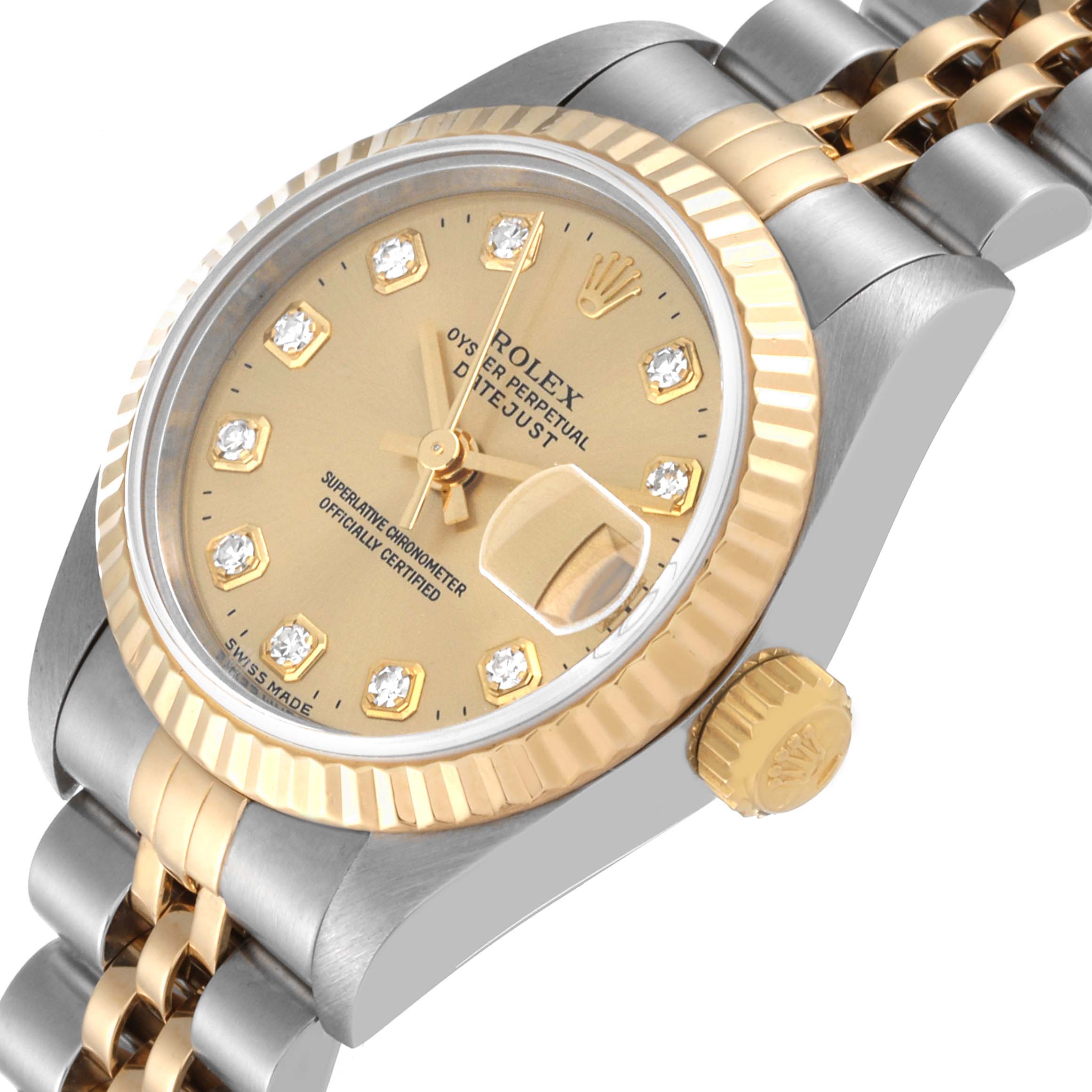 The image shows a close-up angled view of the Rolex Datejust 69173 Women's Steel and Gold (two tone) Champagne Dial 69173 Women's Steel and Gold (two tone) Champagne Dial watch, highlighting its gold-colored dial, bezel, and two-tone bracelet.